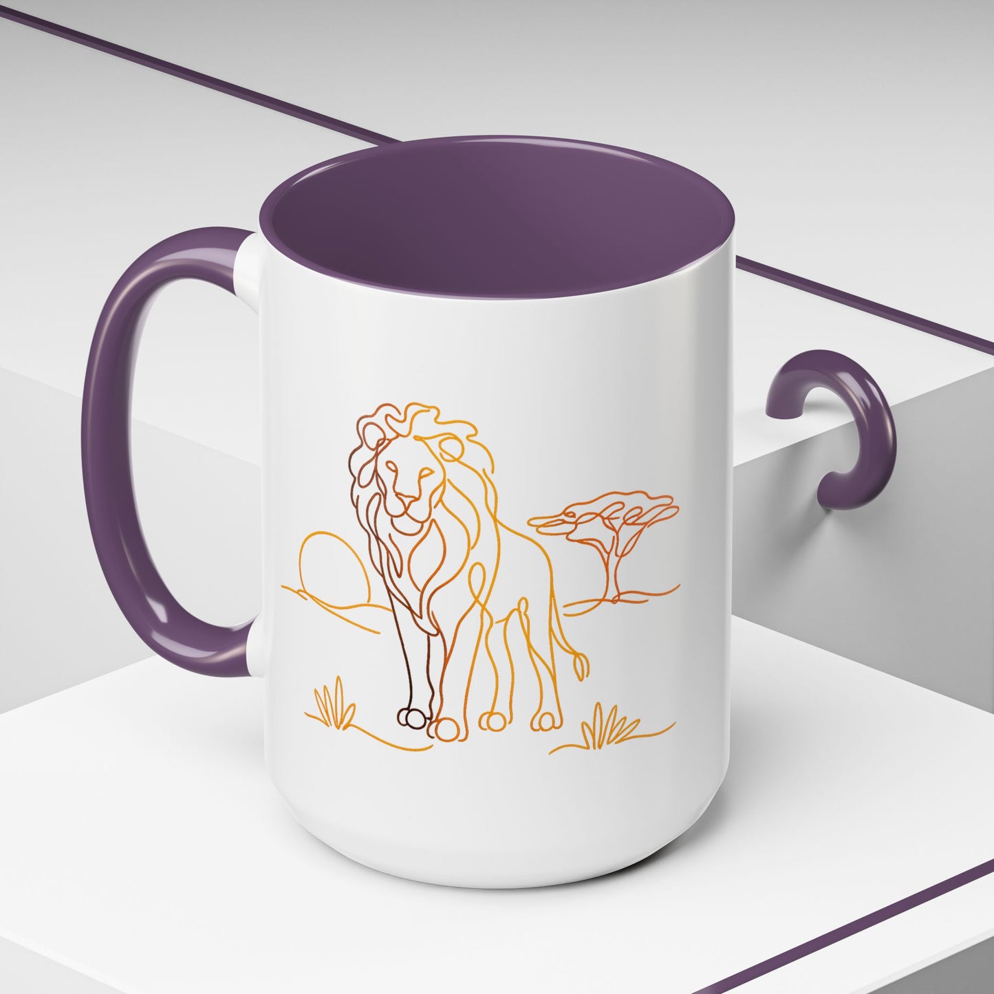 Safari Sunrise Coffee Mug — Minimal Line Lion Design (11/15oz)