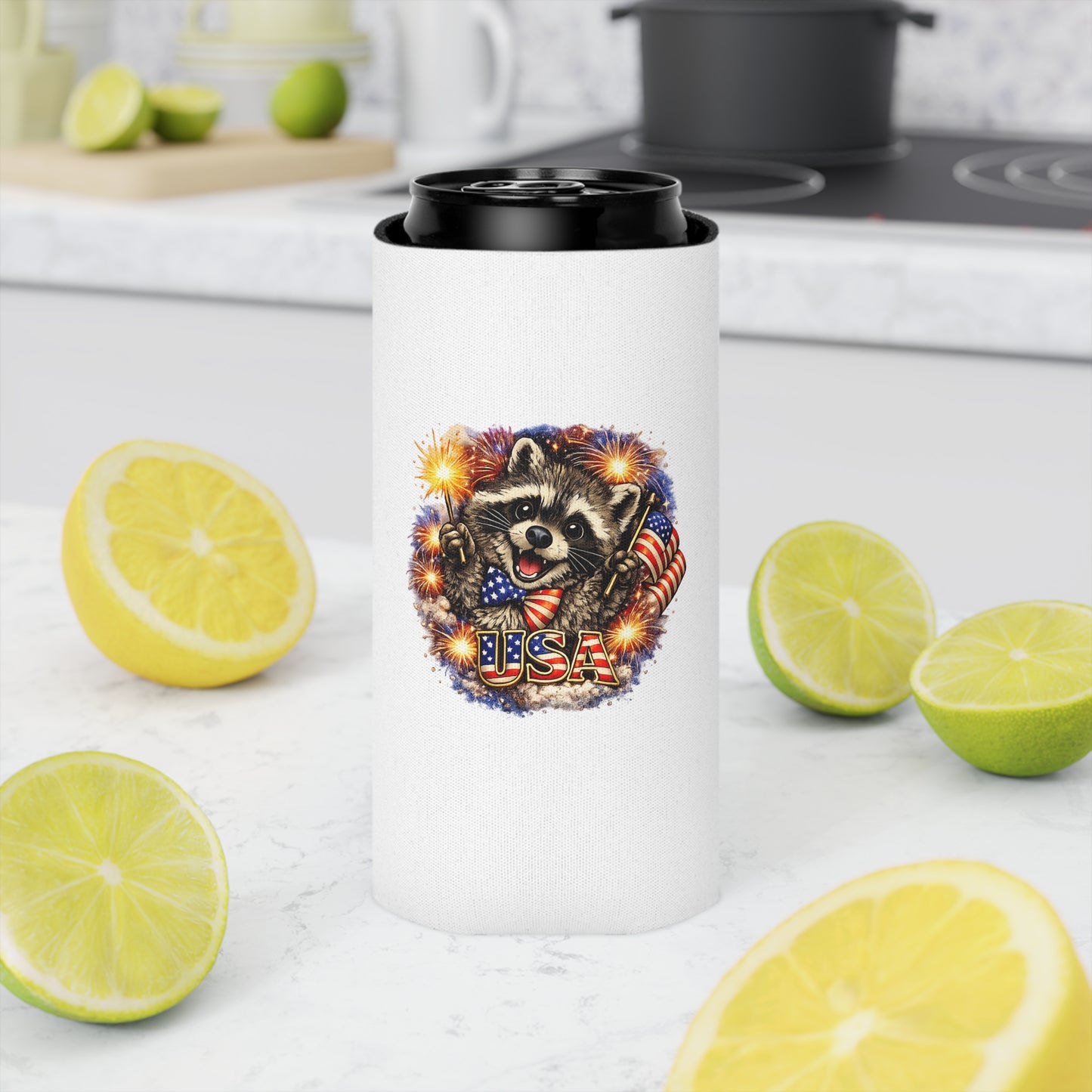 Patriotic Raccoon 250 Can Cooler – USA Flag, 4th of July Drink Koozie