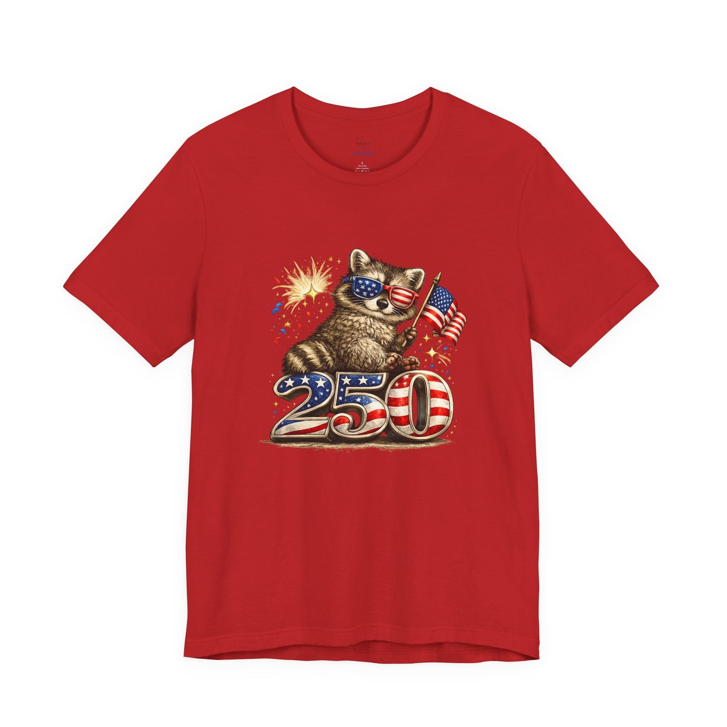 Patriot Raccoon 250th Anniversary T-Shirt — 4th of July Fireworks Flag Tee