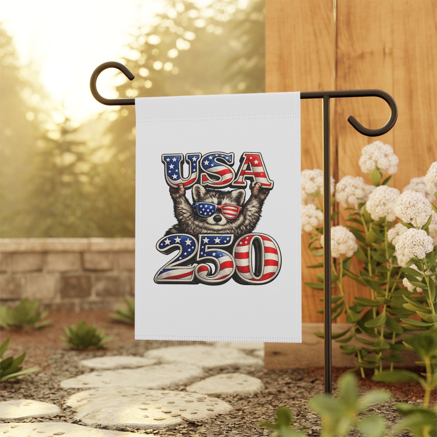 Patriotic Raccoon 250 Garden Flag — 4th of July House Banner