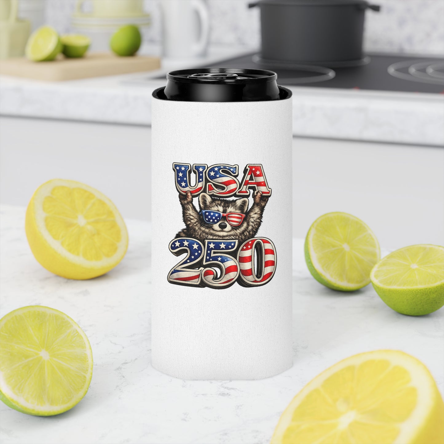Patriotic Raccoon 250 Can Cooler – USA Flag, 4th of July Drink Koozie