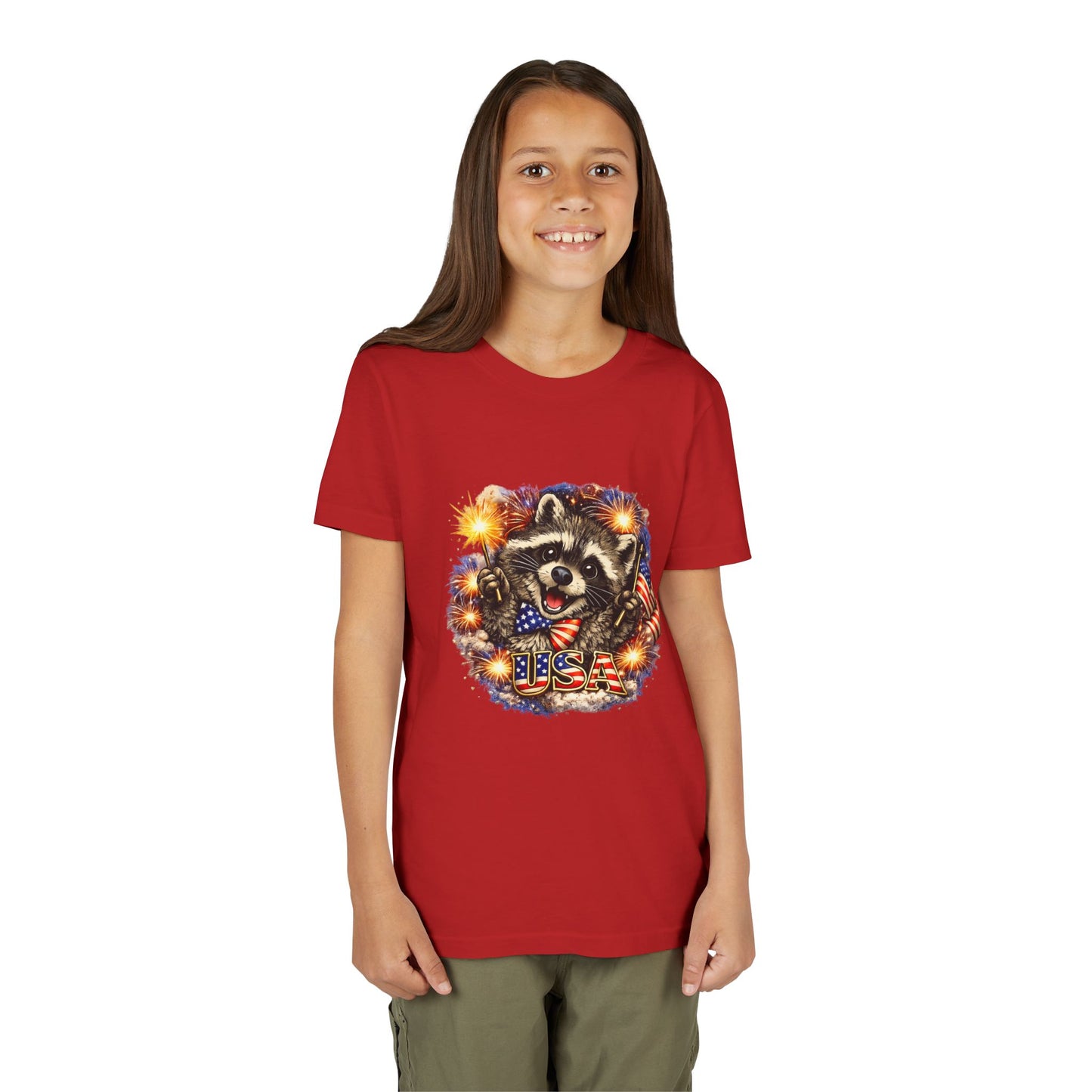 Patriotic Raccoon Youth Tee — Raccoon with American Flag & Fireworks