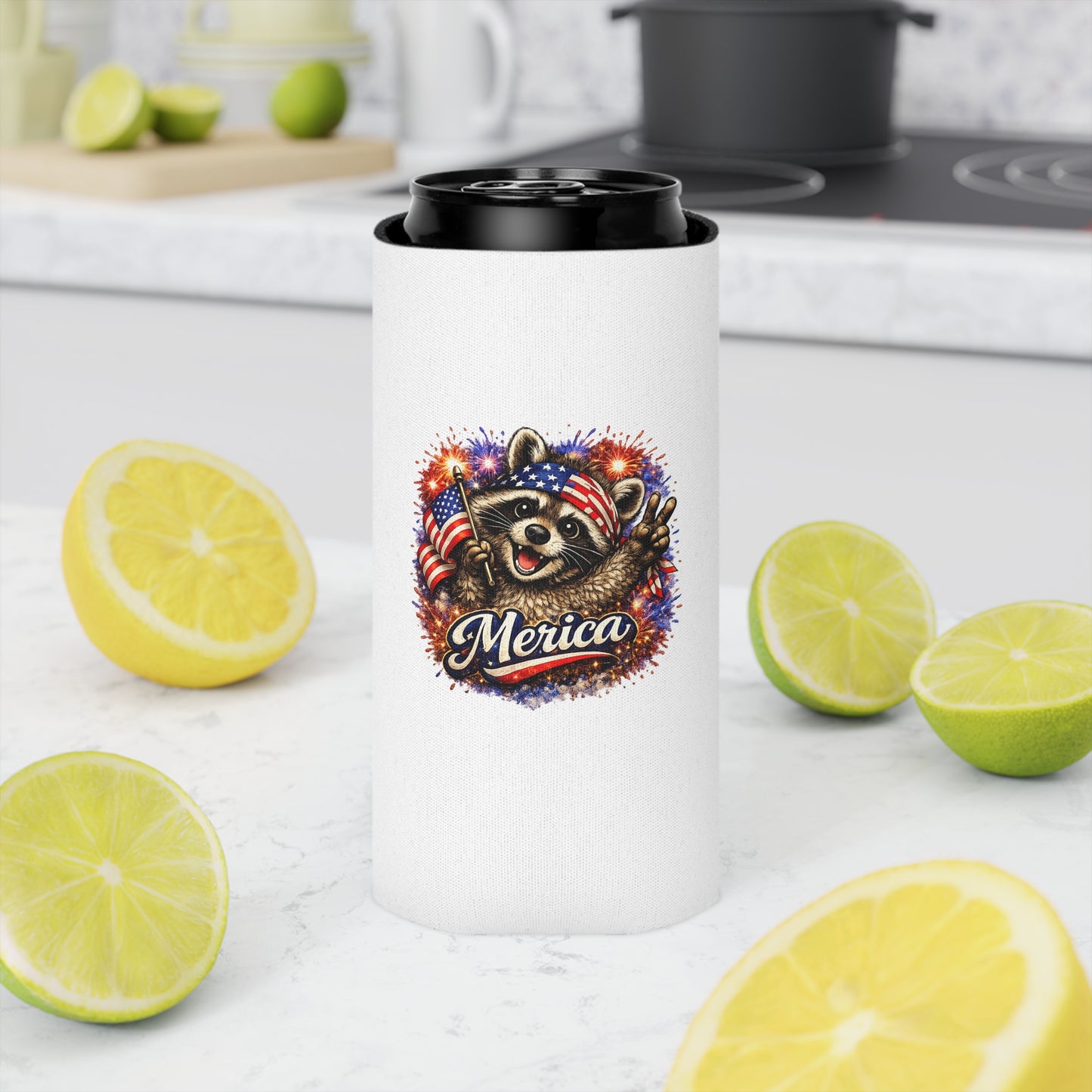 Patriotic Raccoon 250 Can Cooler – USA Flag, 4th of July Drink Koozie