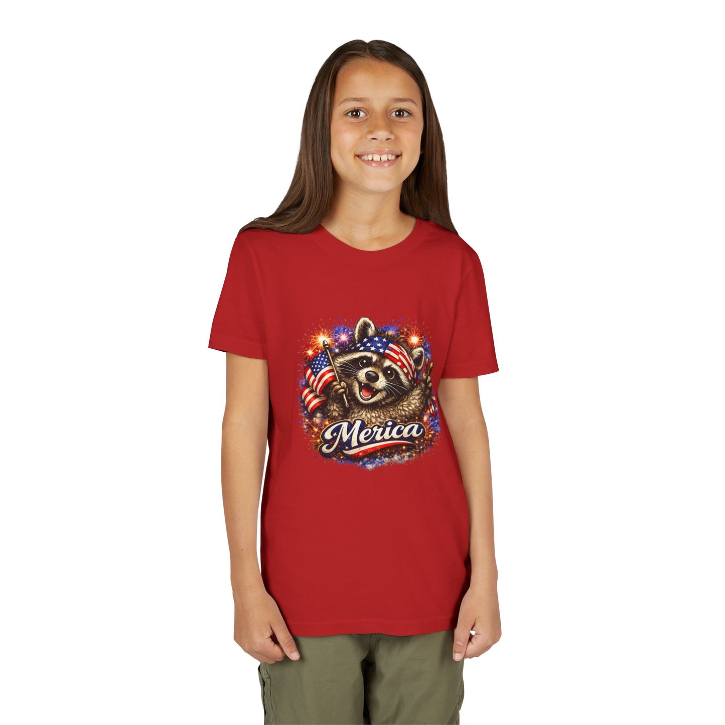 Patriotic Raccoon Youth Tee — Raccoon with American Flag & Fireworks