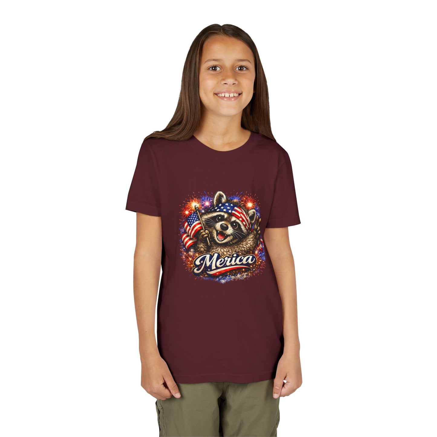 Patriotic Raccoon Youth Tee — Raccoon with American Flag & Fireworks
