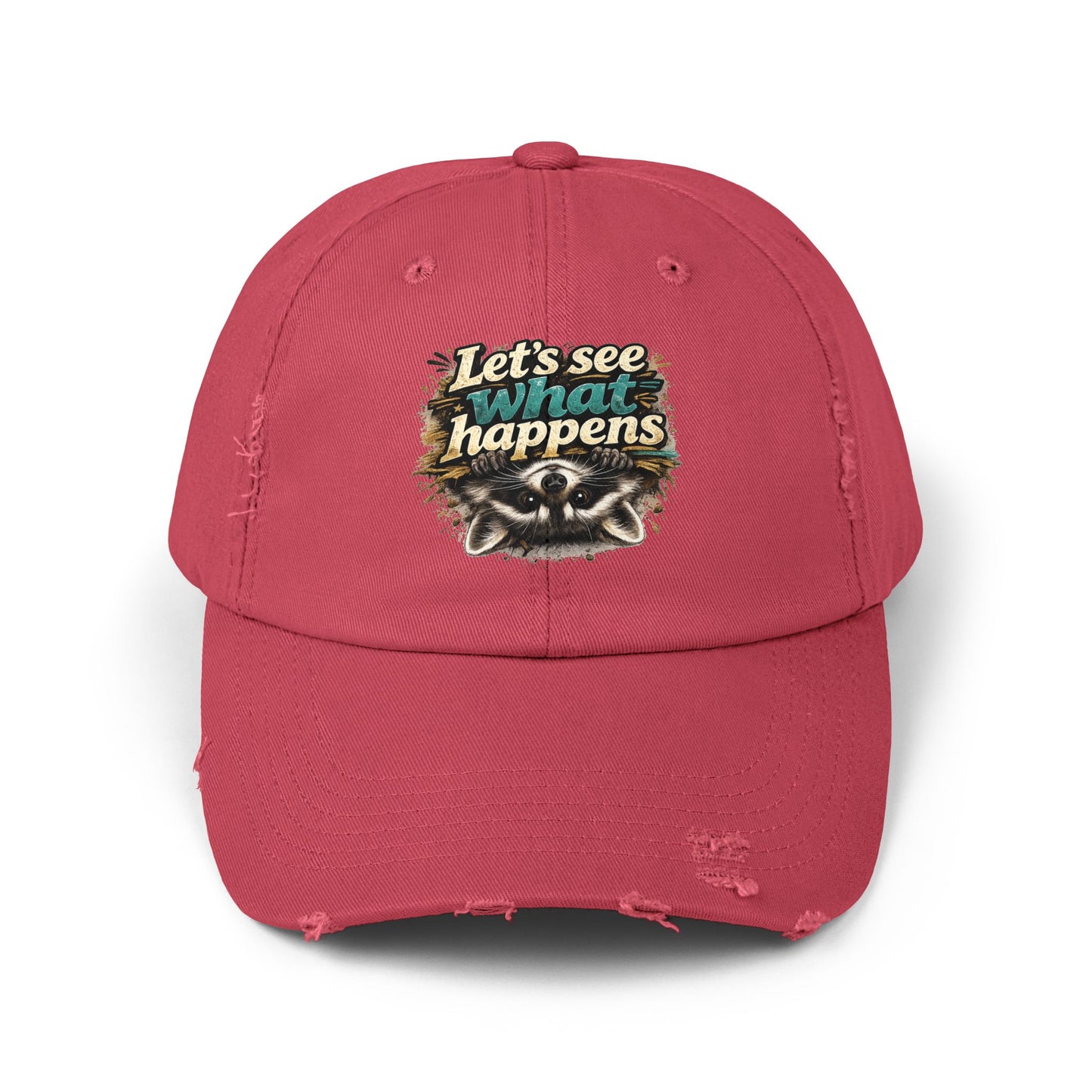 Let's See What Happens Distressed Cap — Raccoon Mom/Dad Funny Dad Hat
