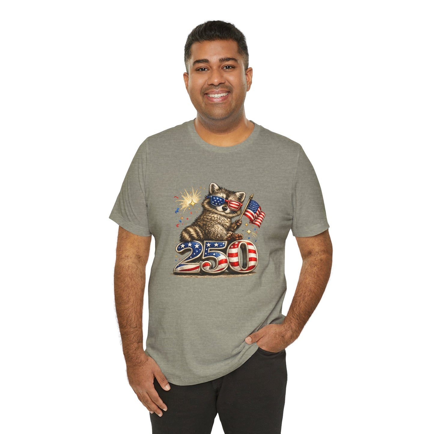 Patriot Raccoon 250th Anniversary T-Shirt — 4th of July Fireworks Flag Tee