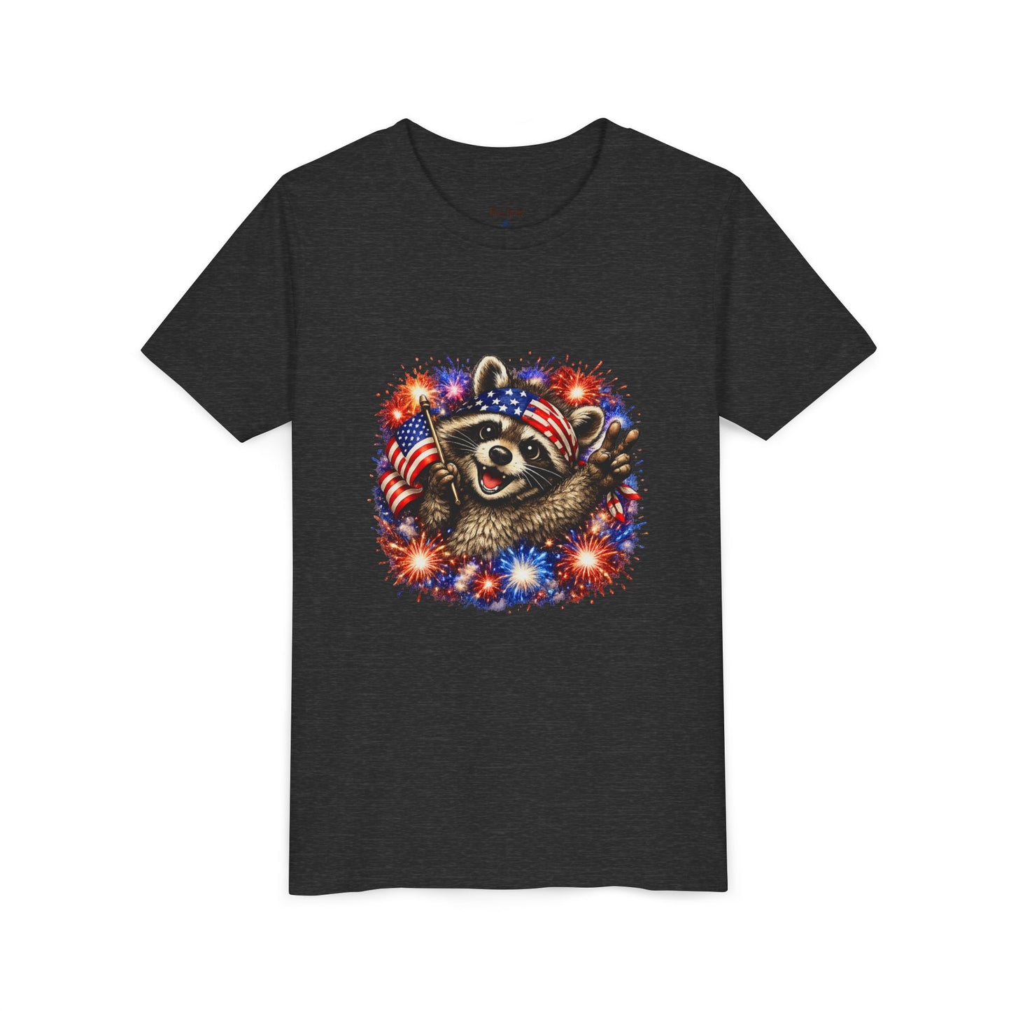 Patriotic Raccoon Youth Tee — Raccoon with American Flag & Fireworks