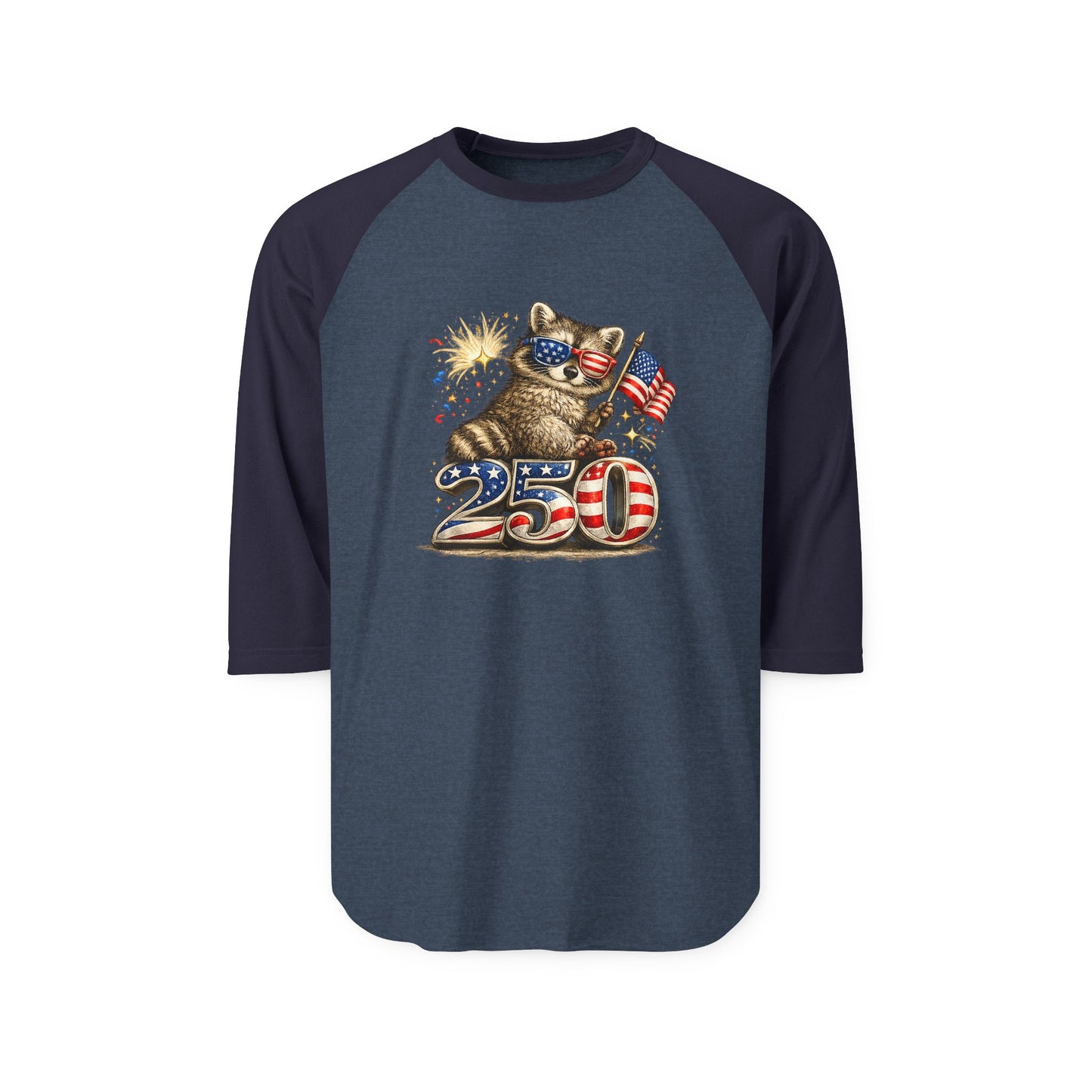 Patriotic Raccoon 250 Raglan Shirt — Fourth of July Fireworks Tee