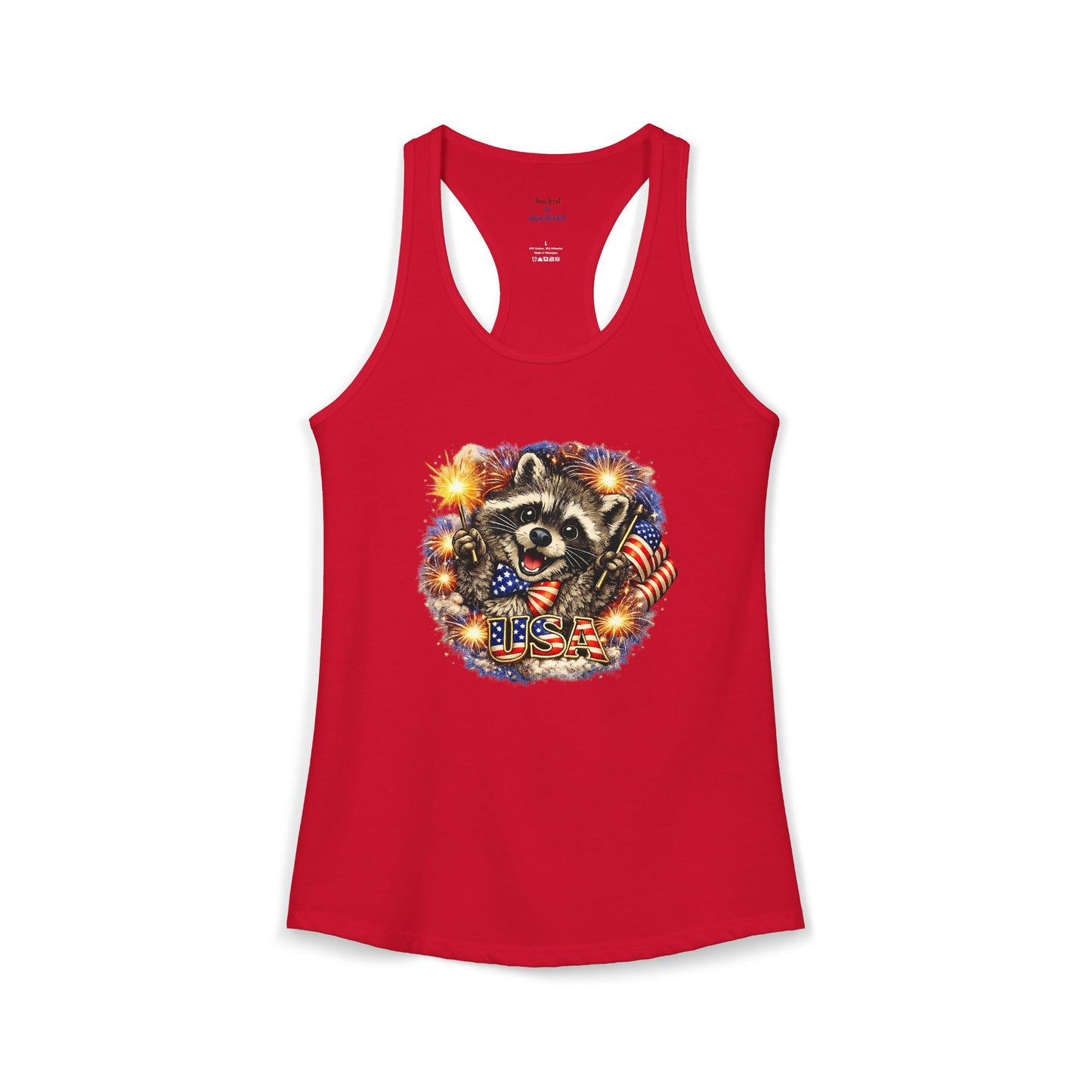 Patriotic Raccoon 4th of July Tank — Raccoon on 250 with Flag & Fireworks Racerback Tank