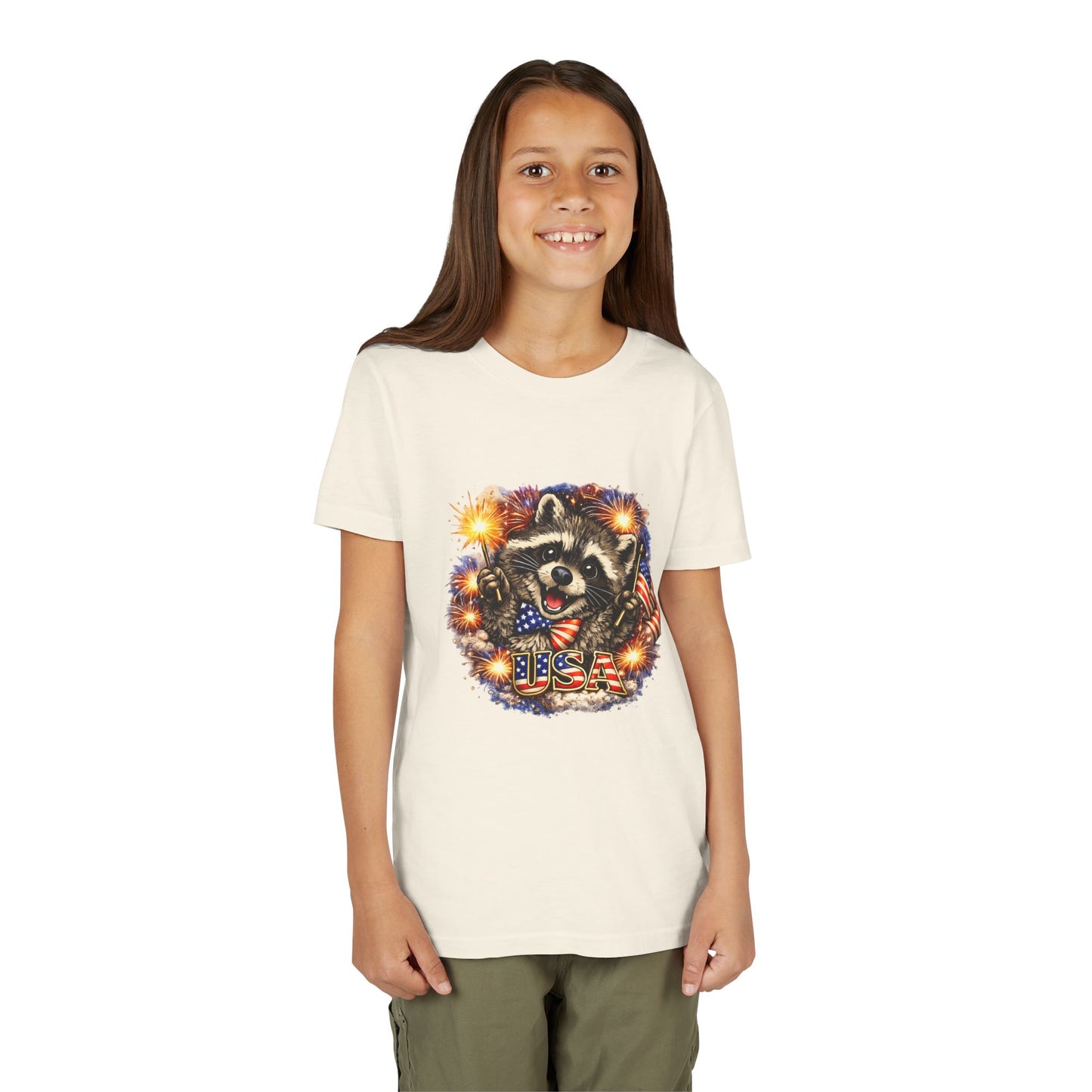 Patriotic Raccoon Youth Tee — Raccoon with American Flag & Fireworks