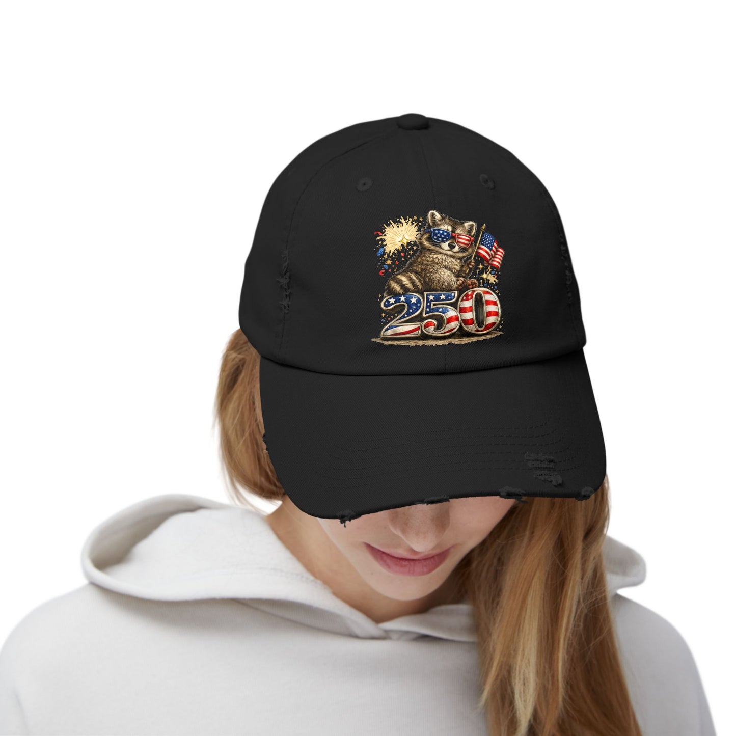 Patriotic Raccoon 250 Cap — Fireworks & Flag Distressed Baseball Hat