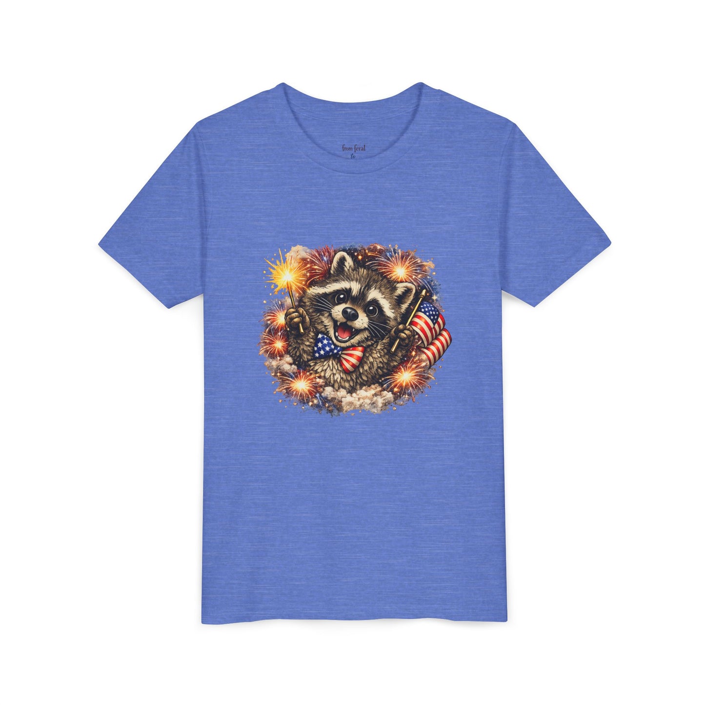 Patriotic Raccoon Youth Tee — Raccoon with American Flag & Fireworks