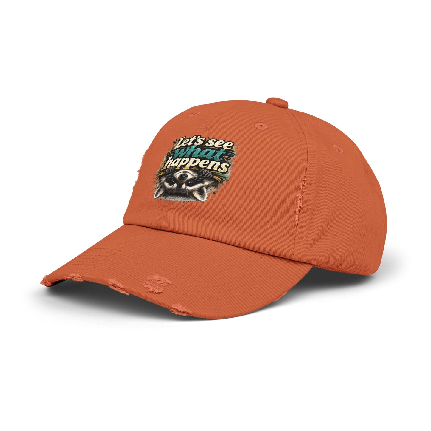 Let's See What Happens Distressed Cap — Raccoon Mom/Dad Funny Dad Hat