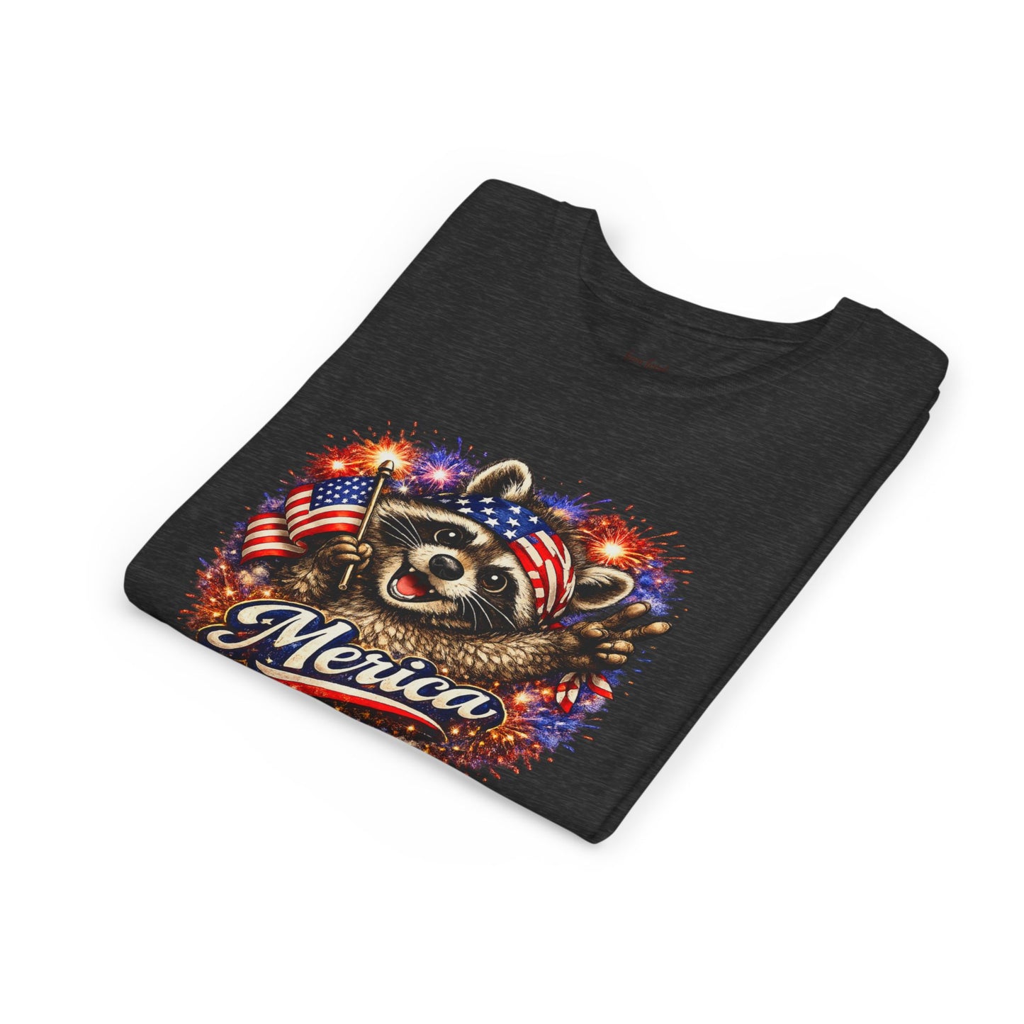 Patriotic Raccoon Youth Tee — Raccoon with American Flag & Fireworks