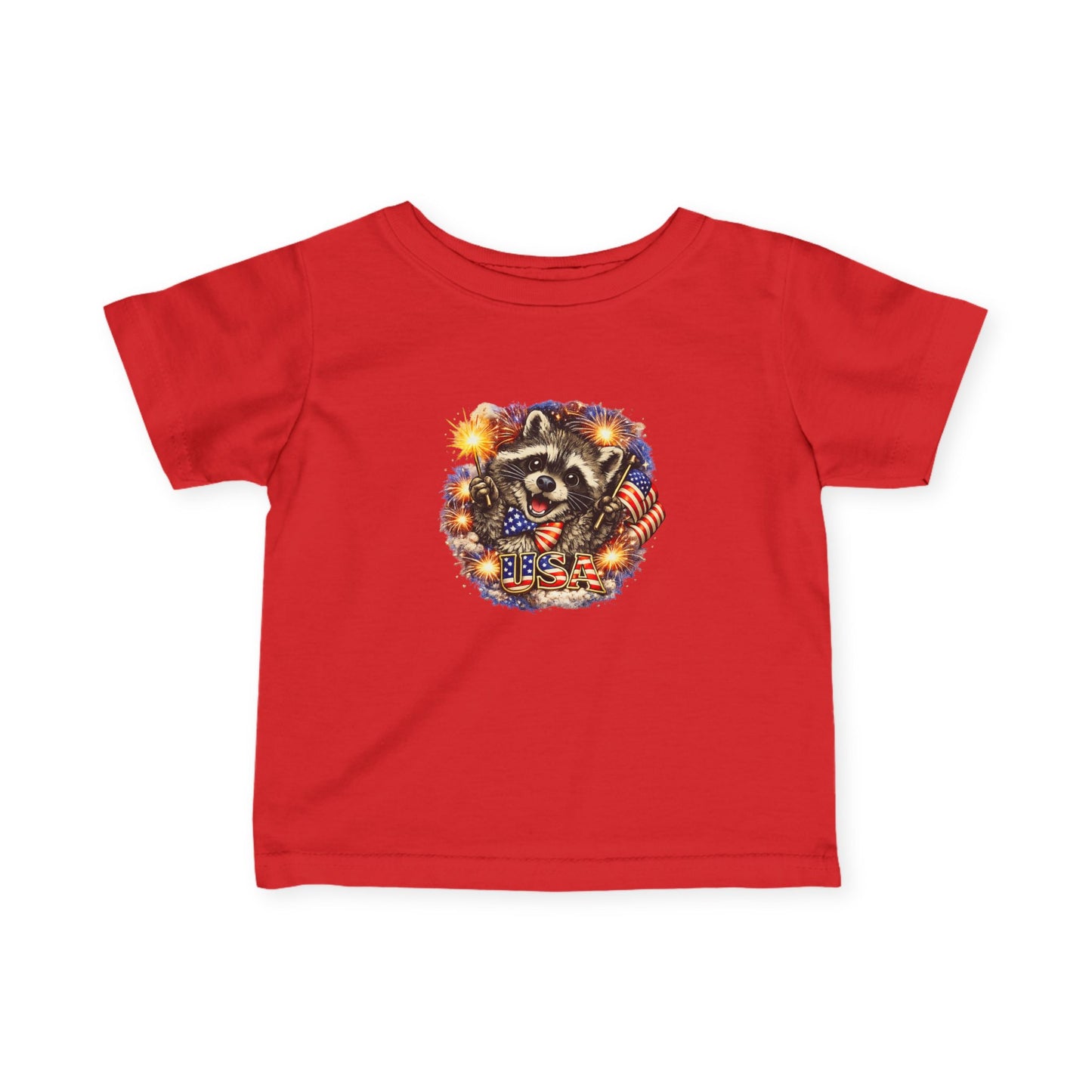 Infant Tee — Adorable Raccoon Holding American Flag "250" — 4th of July Baby Shirt