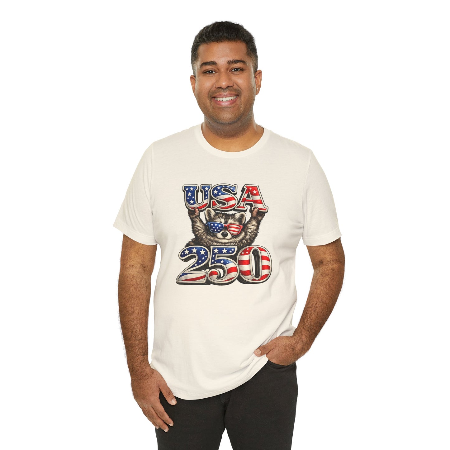 Patriot Raccoon 250th Anniversary T-Shirt — 4th of July Fireworks Flag Tee