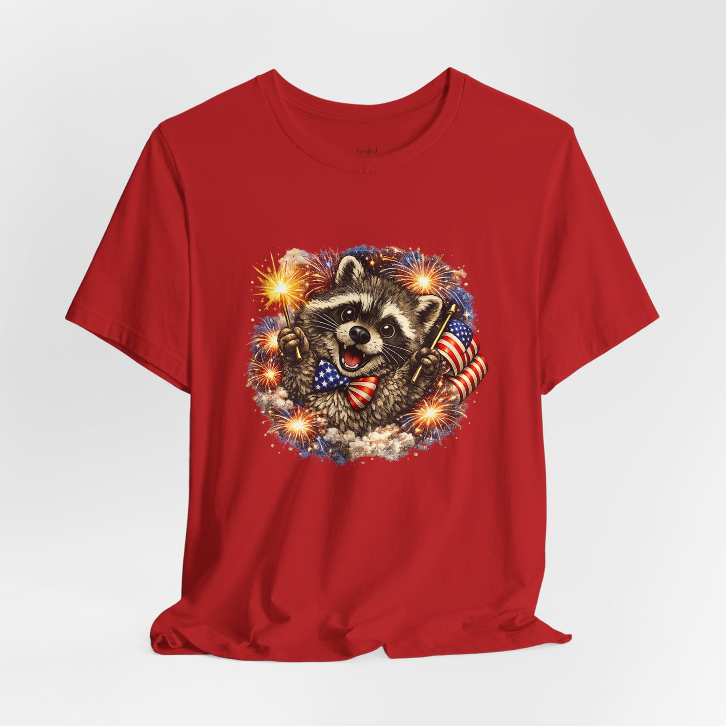 Patriot Raccoon 250th Anniversary T-Shirt — 4th of July Fireworks Flag Tee