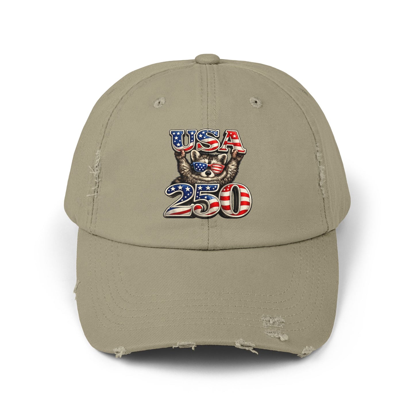Patriotic Raccoon 250 Cap — Fireworks & Flag Distressed Baseball Hat