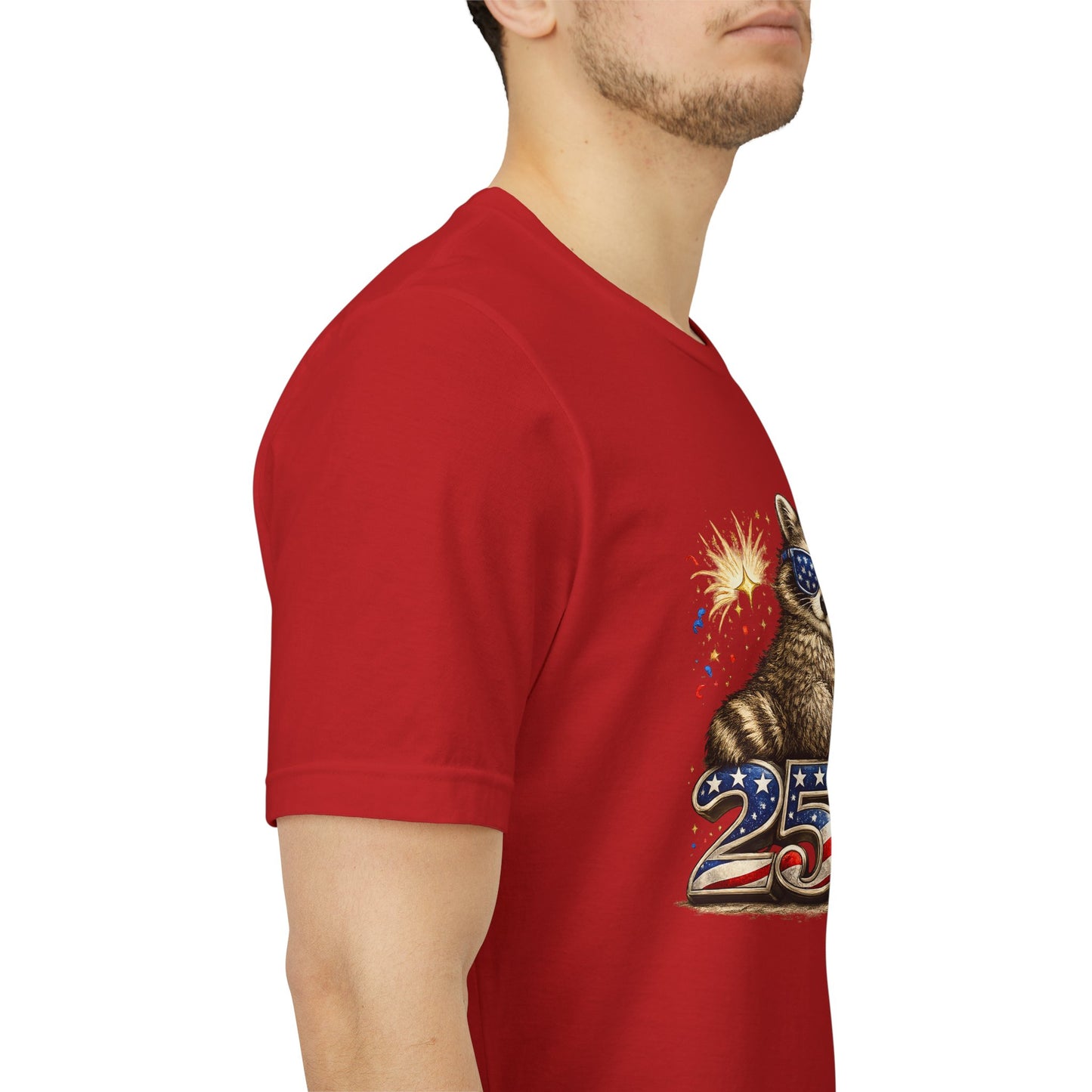 Patriot Raccoon 250th Anniversary T-Shirt — 4th of July Fireworks Flag Tee