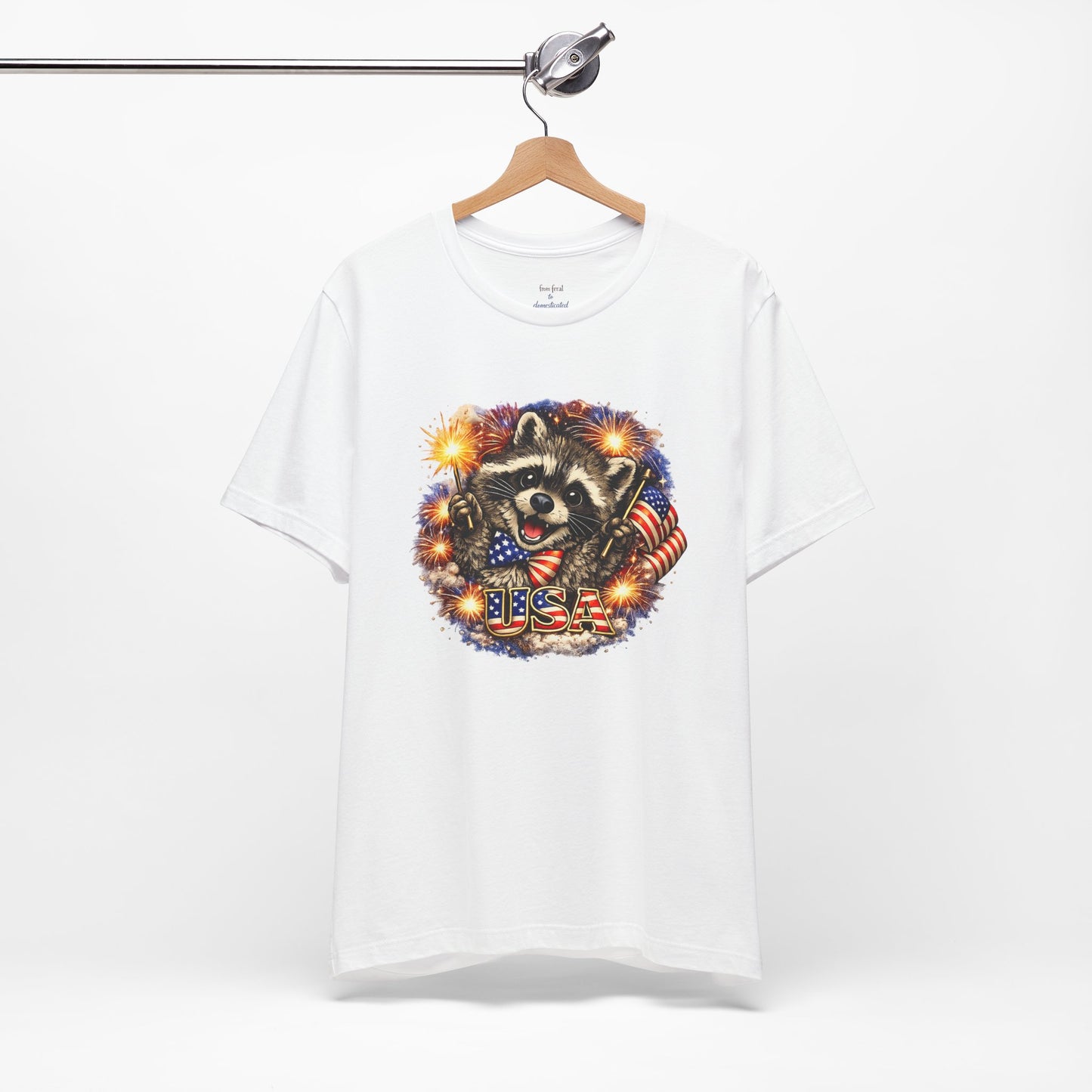 Patriot Raccoon 250th Anniversary T-Shirt — 4th of July Fireworks Flag Tee