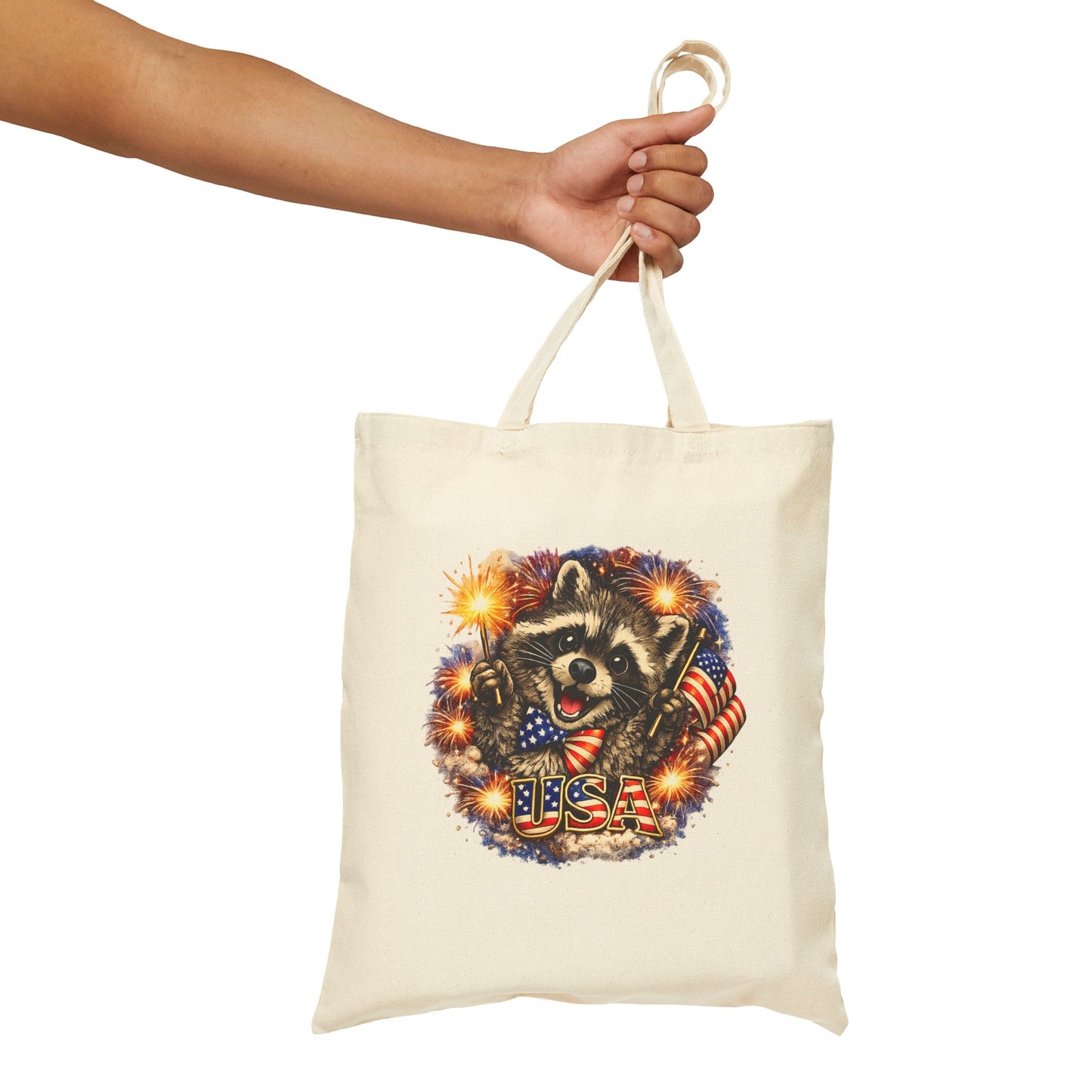 Patriotic Raccoon Fireworks Tote Bag — '250' Canvas Tote for Fourth of July