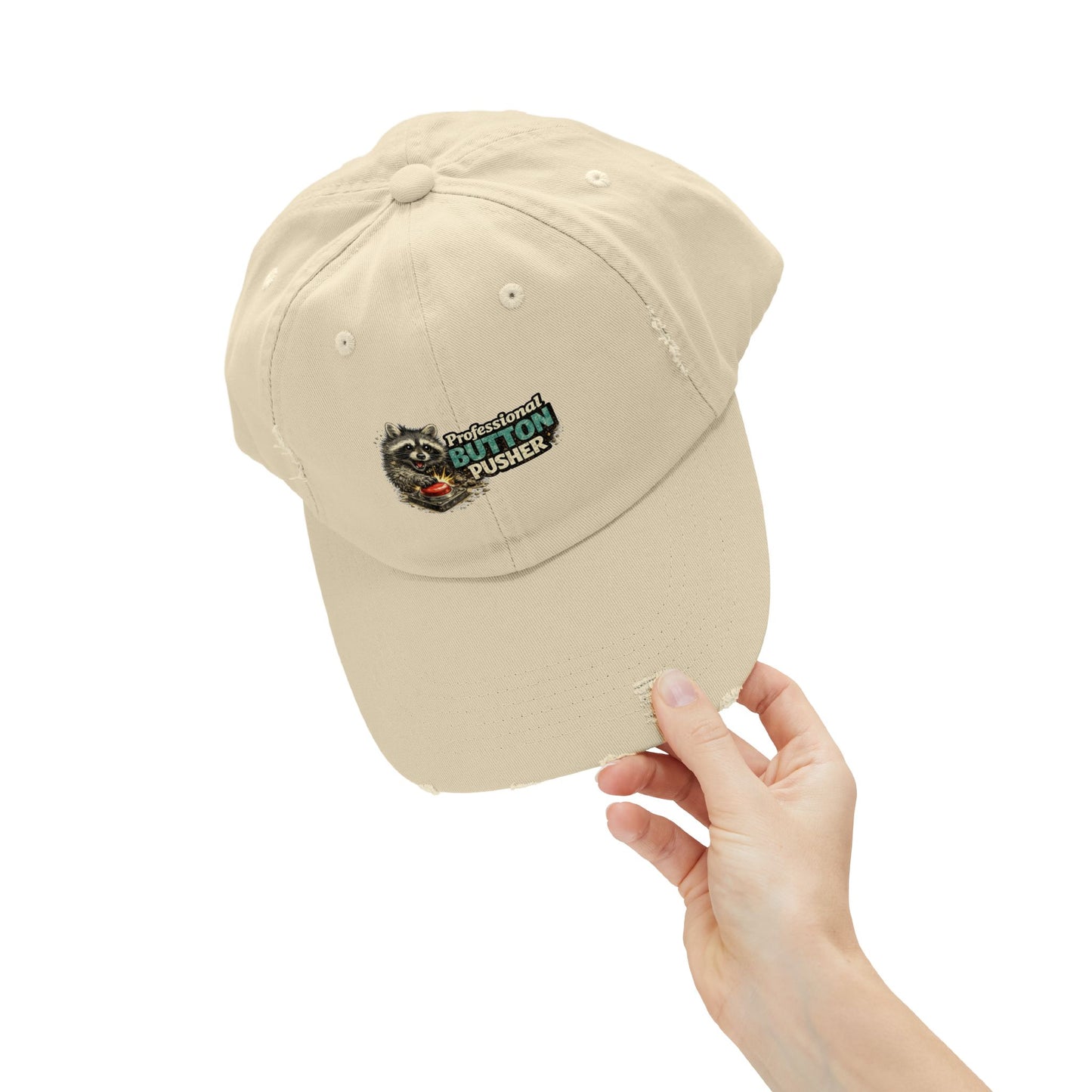 Button Pusher Distressed Cap — Raccoon Mom/Dad Funny Dad Hat
