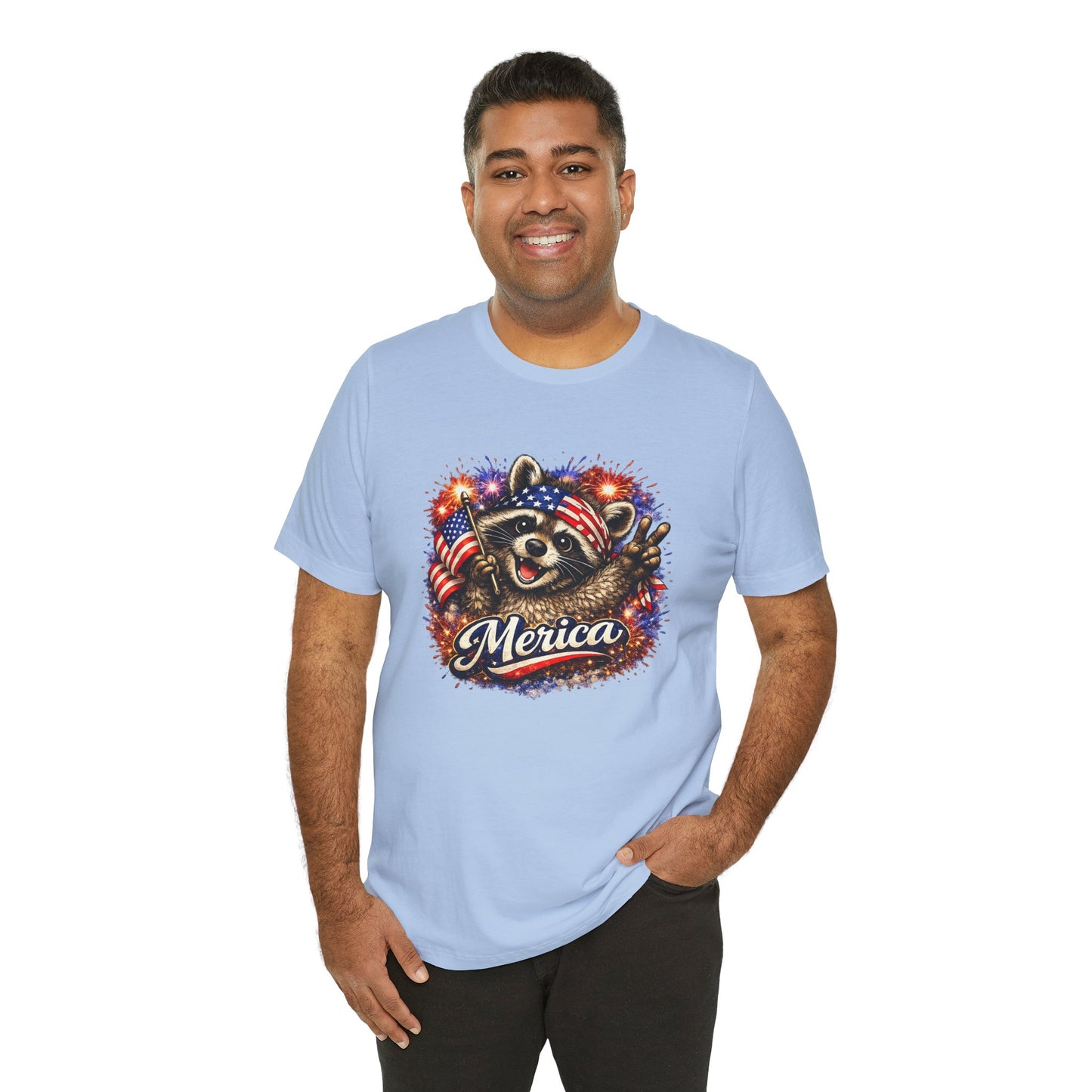 Patriot Raccoon 250th Anniversary T-Shirt — 4th of July Fireworks Flag Tee
