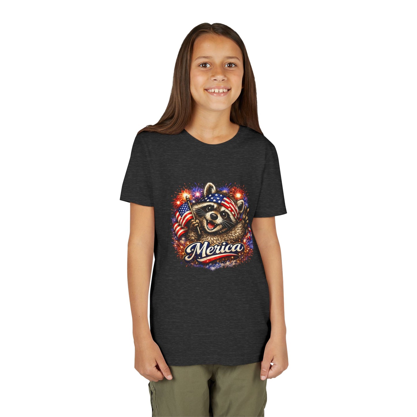 Patriotic Raccoon Youth Tee — Raccoon with American Flag & Fireworks