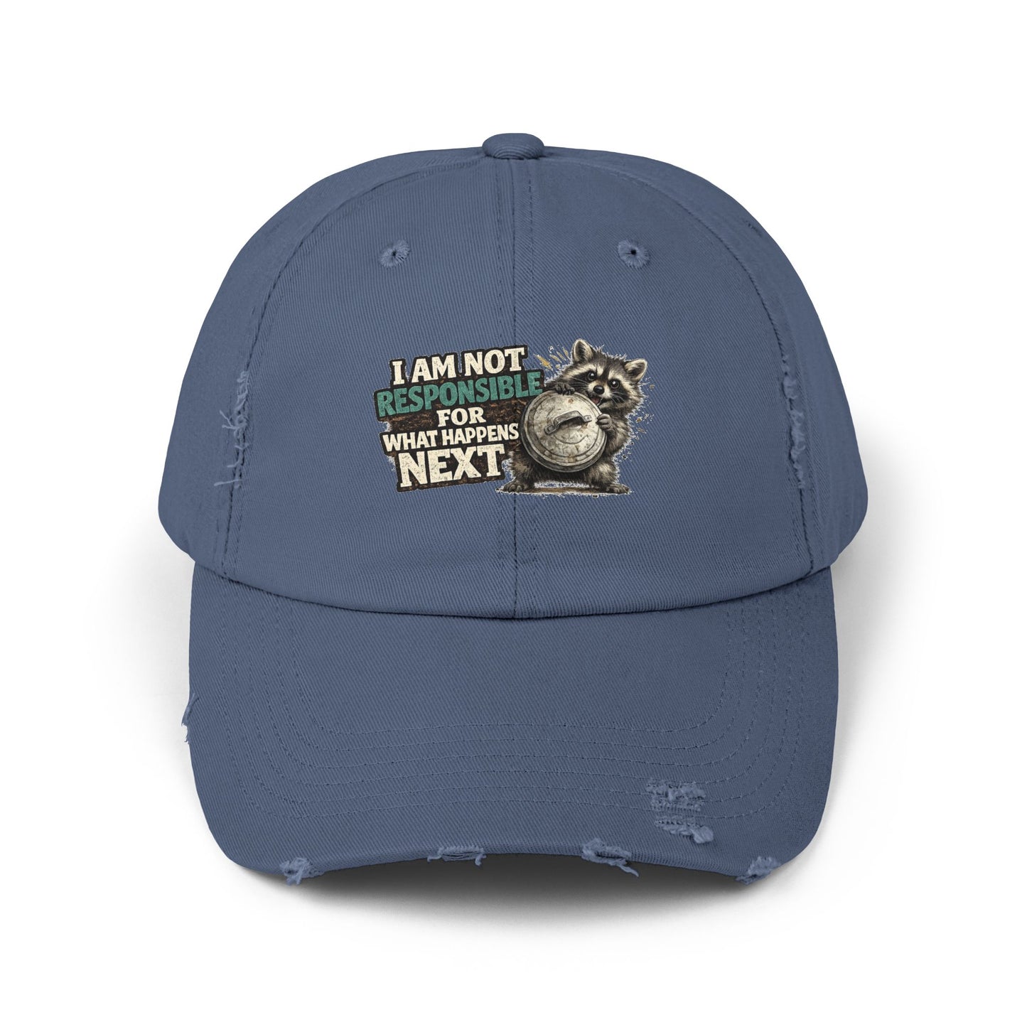 Not Responsible Distressed Cap — Raccoon Mom/Dad Funny Dad Hat