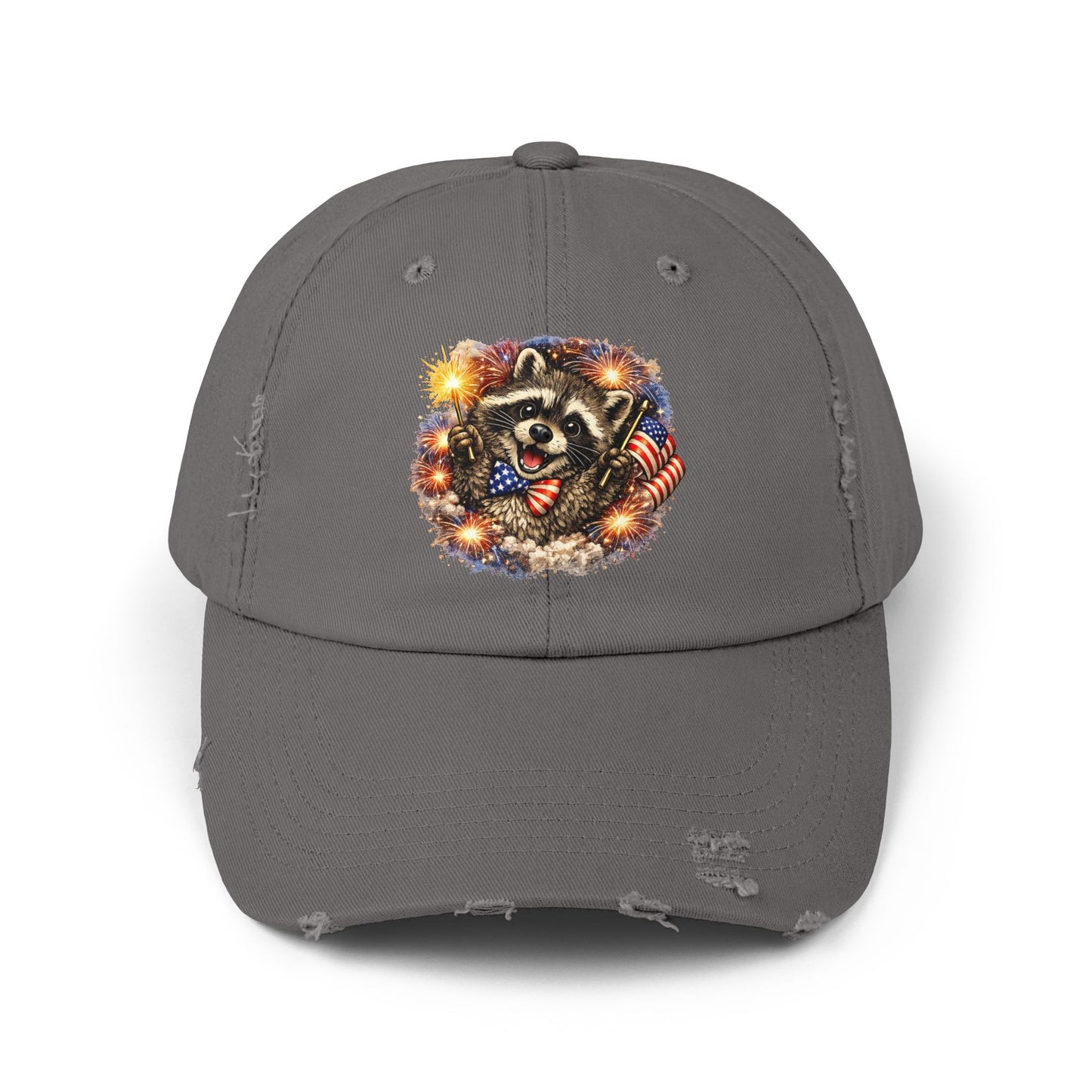 Patriotic Raccoon 250 Cap — Fireworks & Flag Distressed Baseball Hat