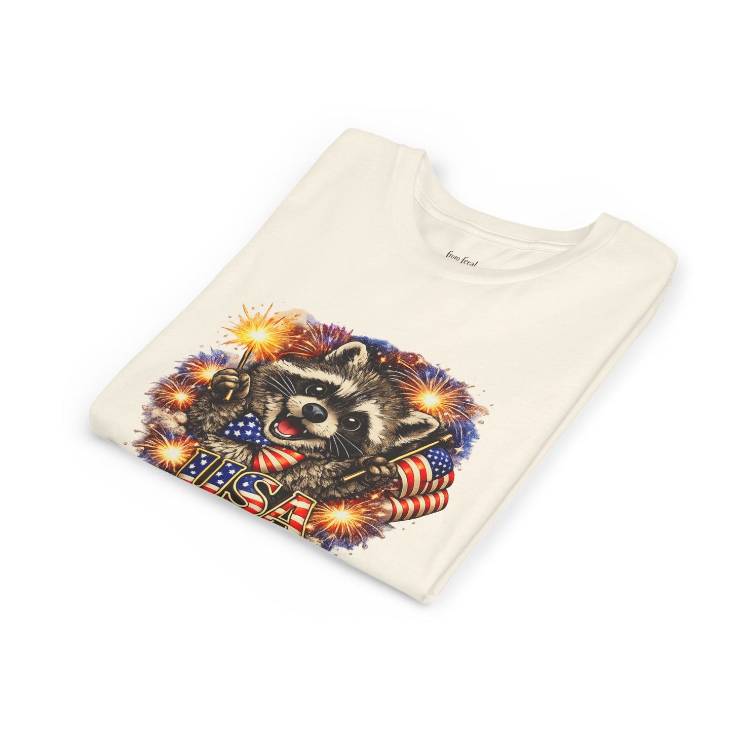 Patriotic Raccoon Youth Tee — Raccoon with American Flag & Fireworks