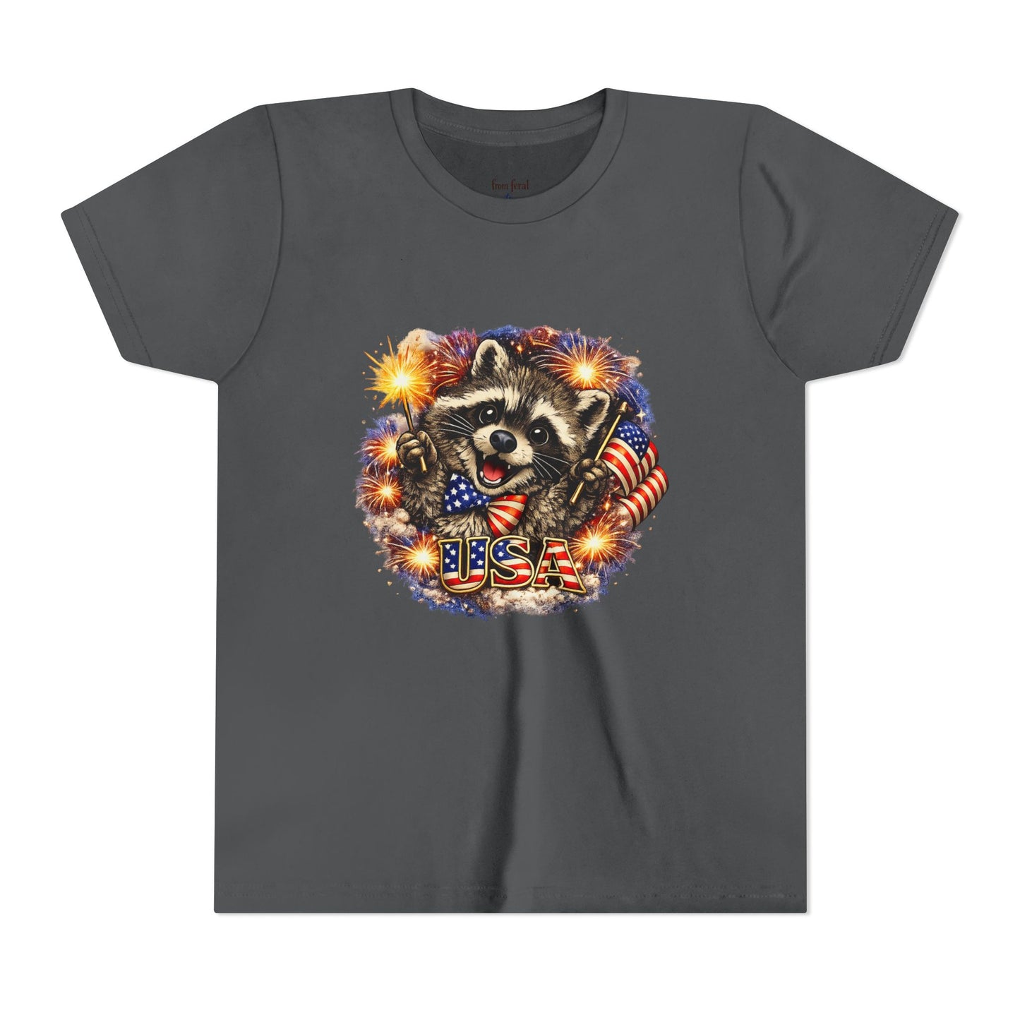 Patriotic Raccoon Youth Tee — Raccoon with American Flag & Fireworks