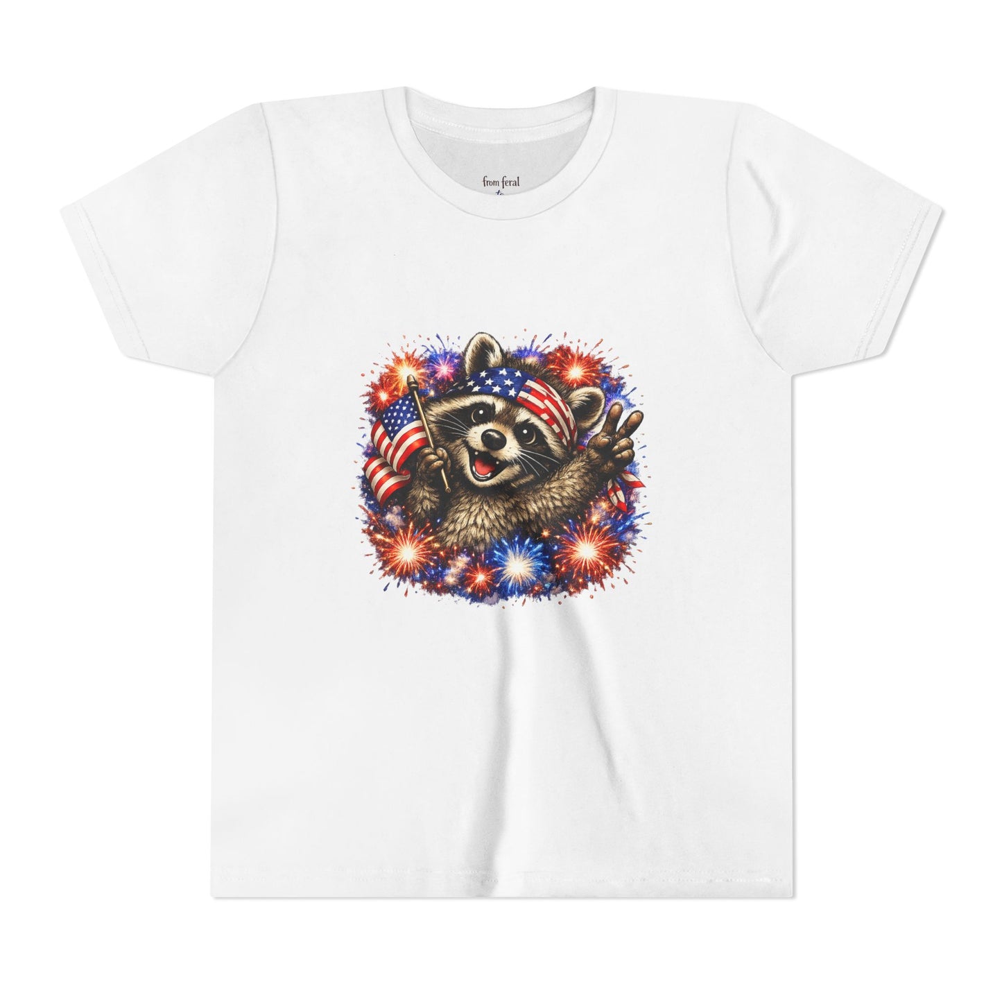 Patriotic Raccoon Youth Tee — Raccoon with American Flag & Fireworks