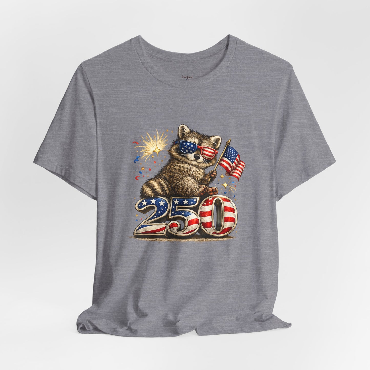 Patriot Raccoon 250th Anniversary T-Shirt — 4th of July Fireworks Flag Tee