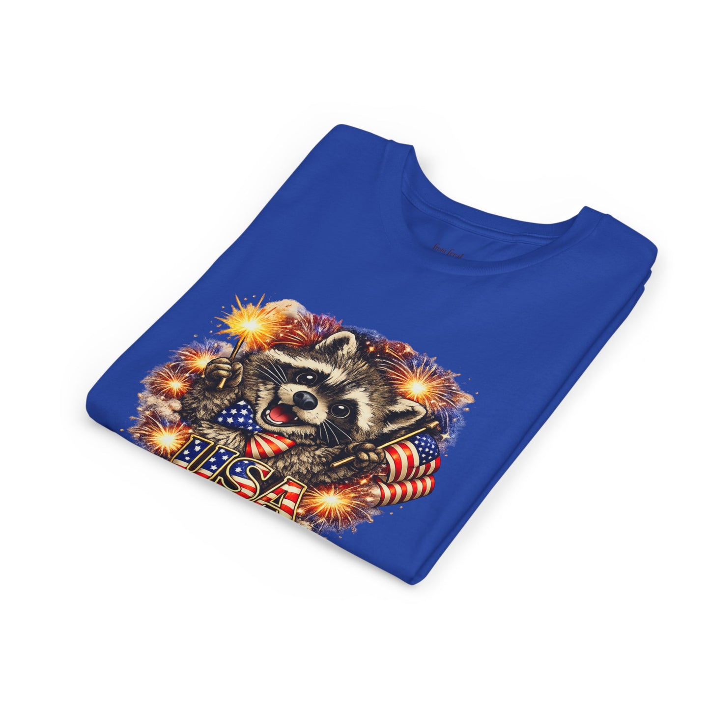 Patriotic Raccoon Youth Tee — Raccoon with American Flag & Fireworks