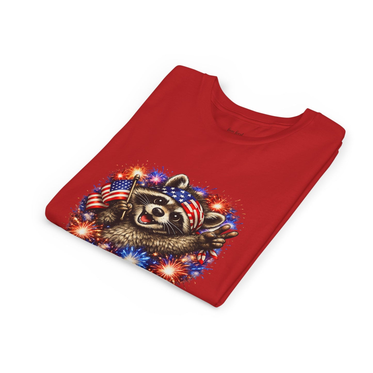 Patriotic Raccoon Youth Tee — Raccoon with American Flag & Fireworks