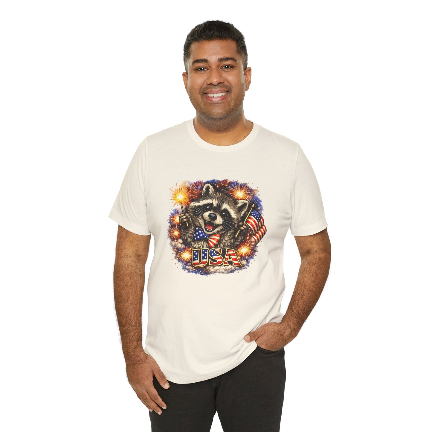 Patriot Raccoon 250th Anniversary T-Shirt — 4th of July Fireworks Flag Tee