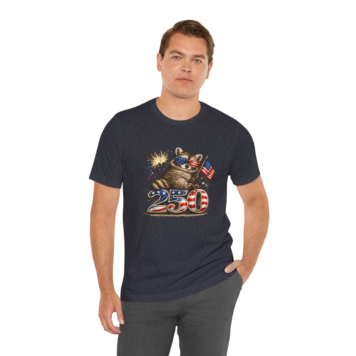 Patriot Raccoon 250th Anniversary T-Shirt — 4th of July Fireworks Flag Tee