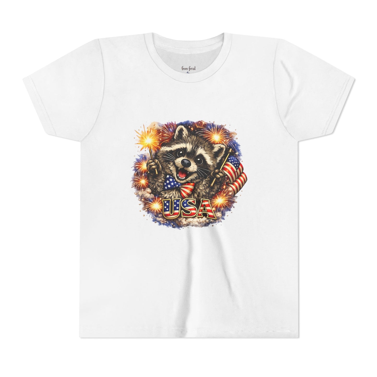 Patriotic Raccoon Youth Tee — Raccoon with American Flag & Fireworks