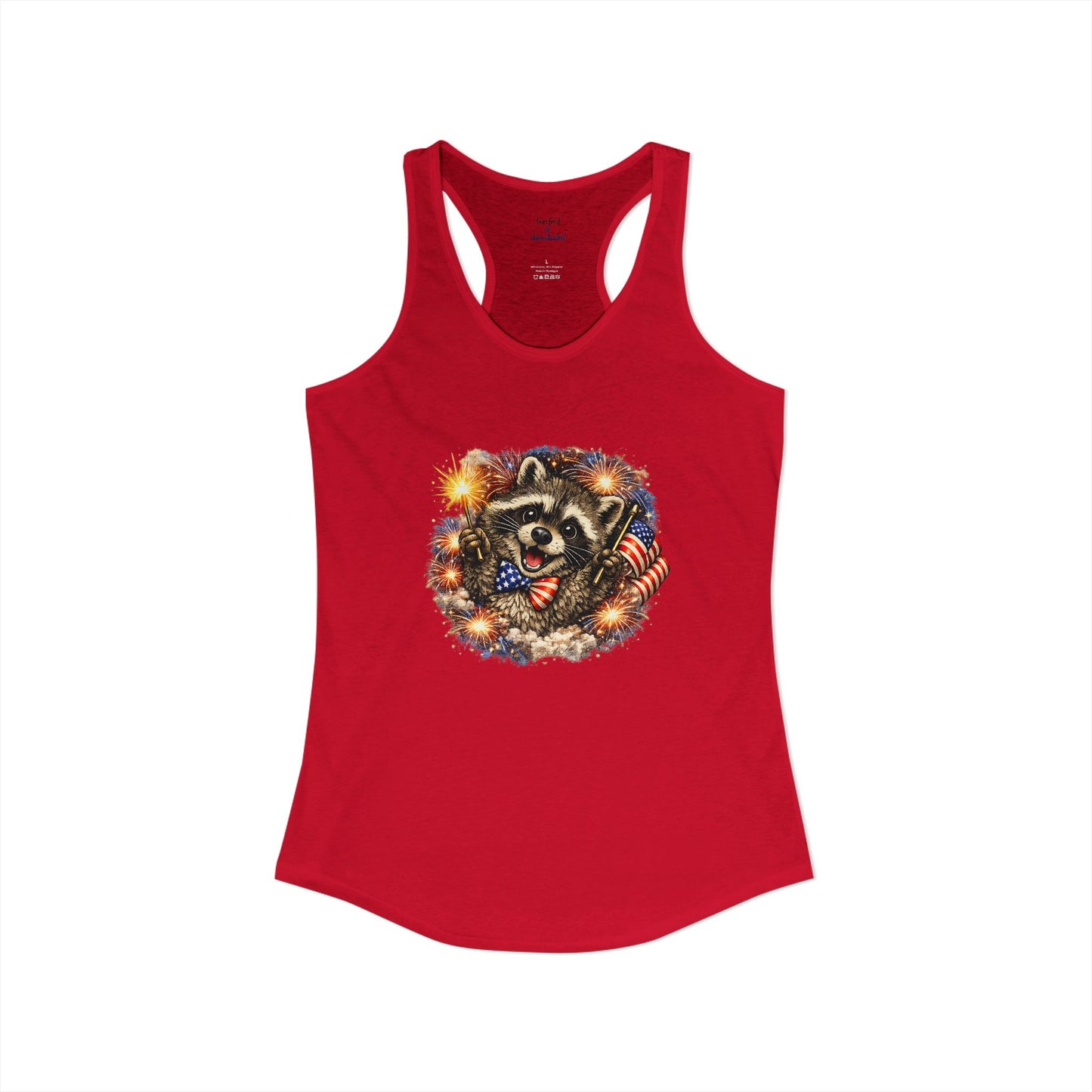 Patriotic Raccoon 4th of July Tank — Raccoon on 250 with Flag & Fireworks Racerback Tank