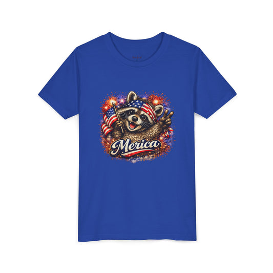 Patriotic Raccoon Youth Tee — Raccoon with American Flag & Fireworks