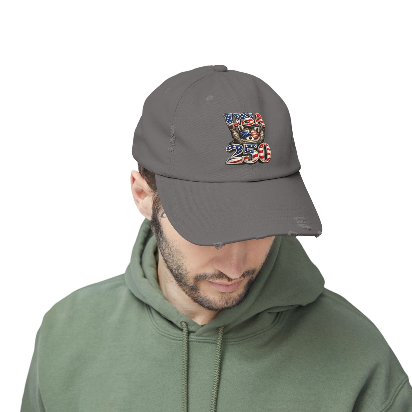 Patriotic Raccoon 250 Cap — Fireworks & Flag Distressed Baseball Hat