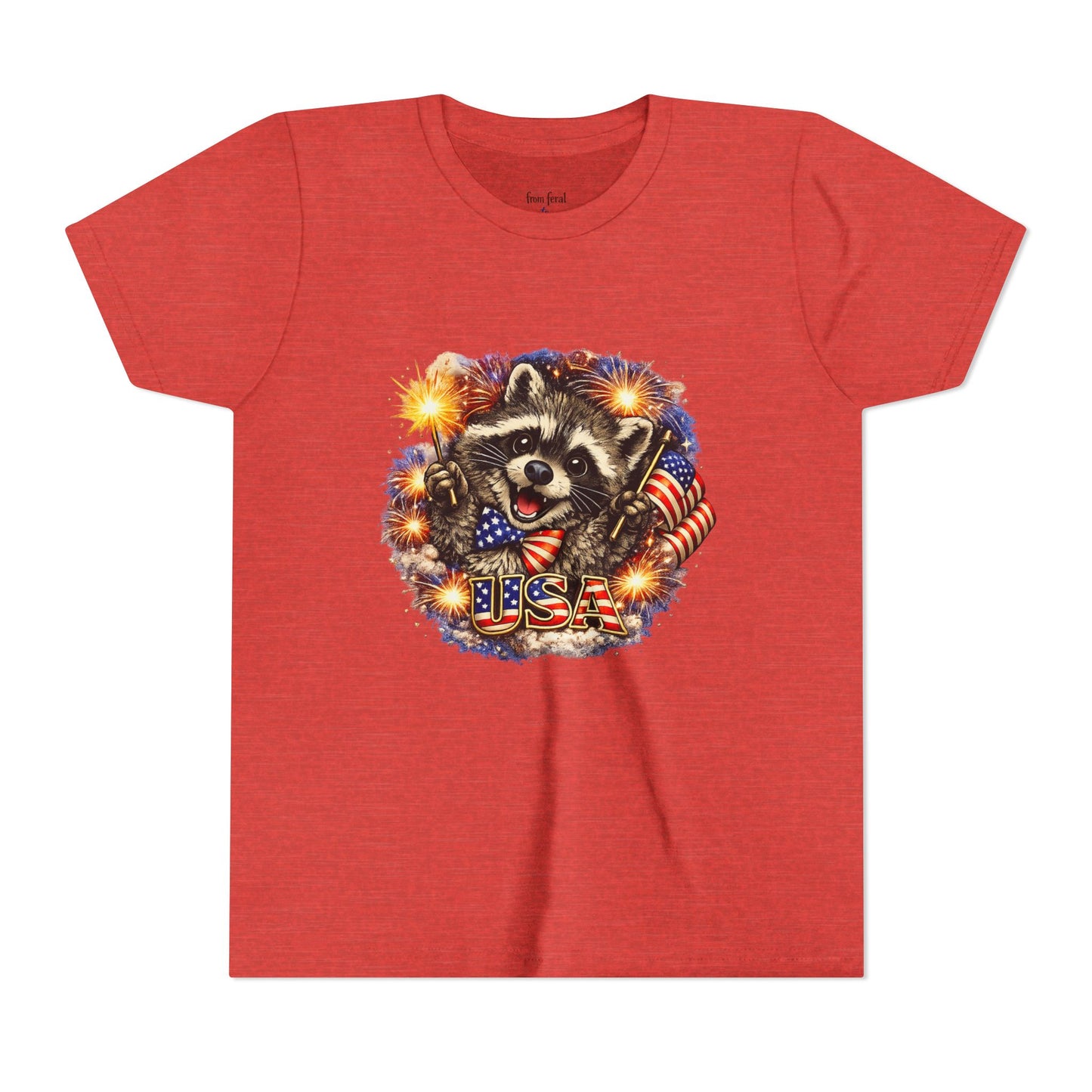 Patriotic Raccoon Youth Tee — Raccoon with American Flag & Fireworks