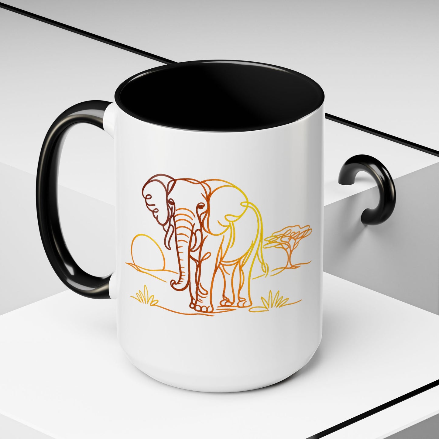 Safari Sunrise Coffee Mug — Minimal Line Elephant Design (11/15oz)