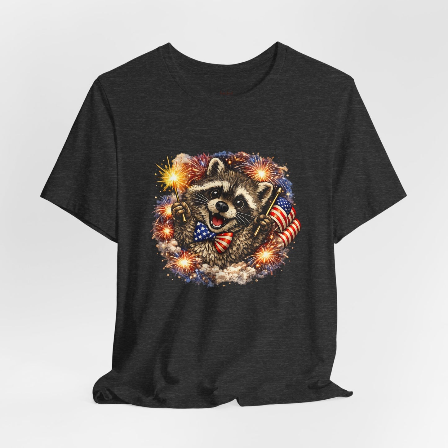 Patriot Raccoon 250th Anniversary T-Shirt — 4th of July Fireworks Flag Tee