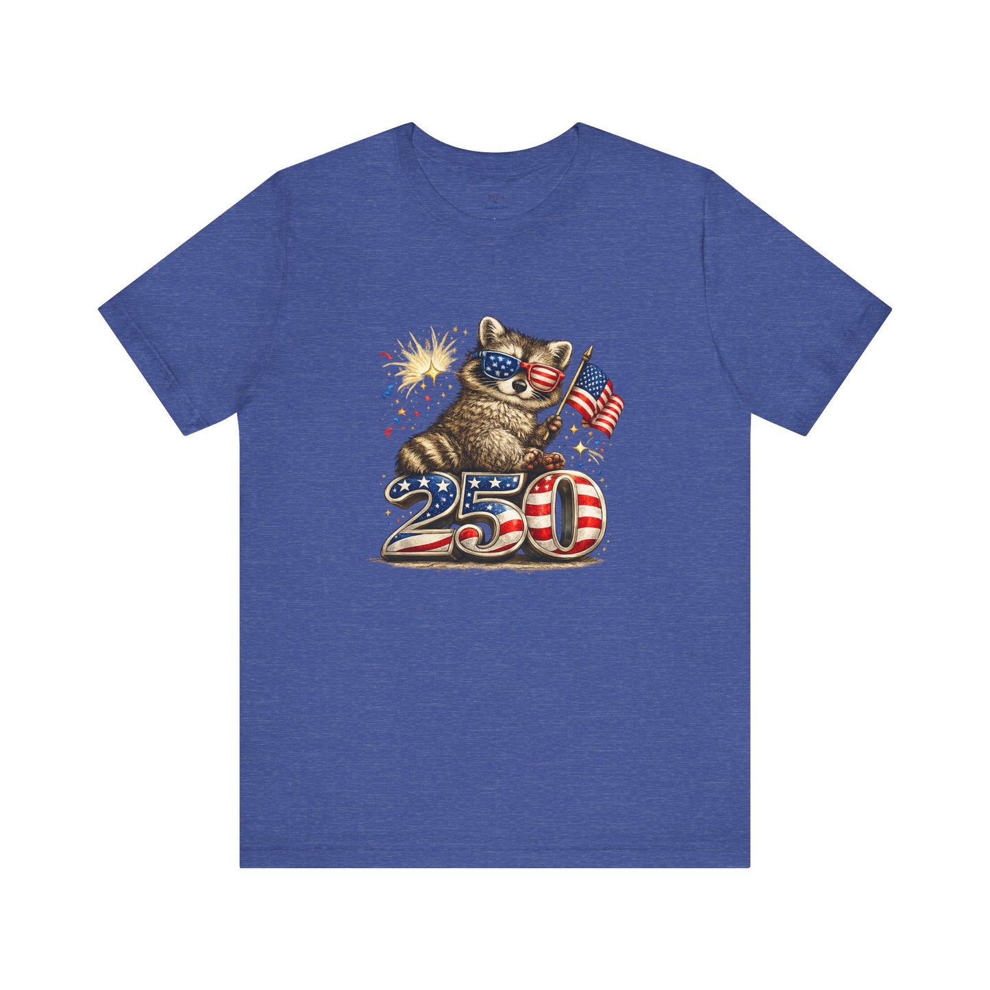 Patriot Raccoon 250th Anniversary T-Shirt — 4th of July Fireworks Flag Tee
