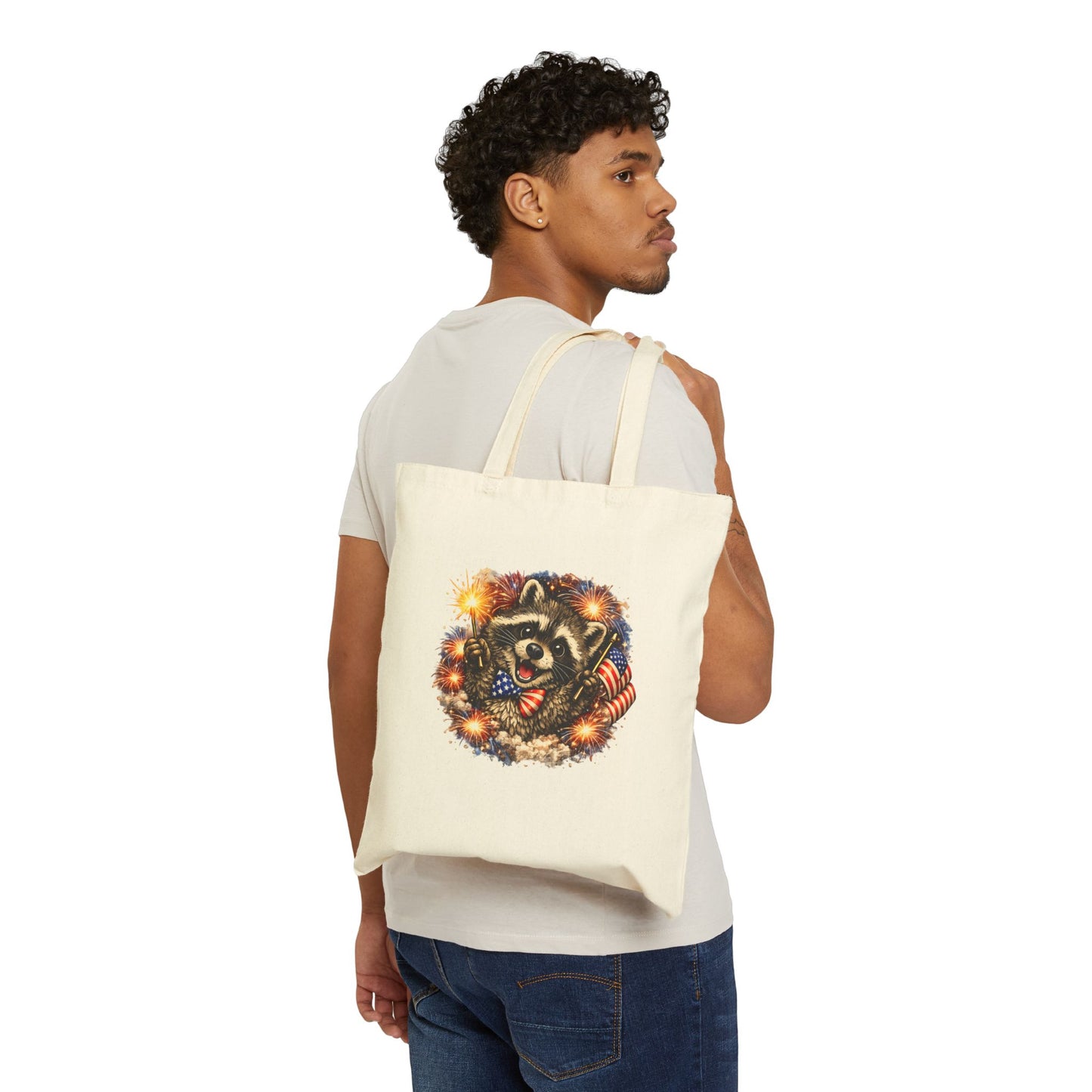 Patriotic Raccoon Fireworks Tote Bag — '250' Canvas Tote for Fourth of July