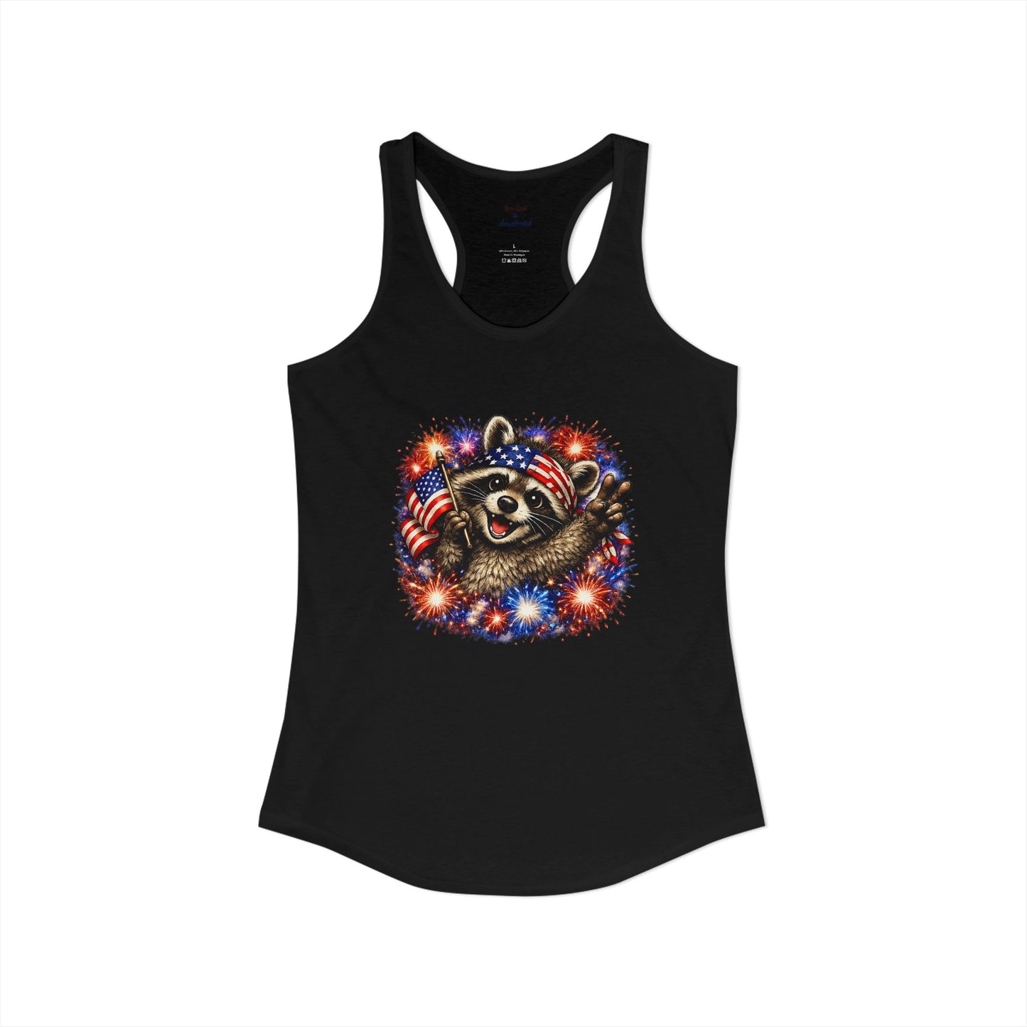 Patriotic Raccoon 4th of July Tank — Raccoon with Flag & Fireworks Racerback Tank