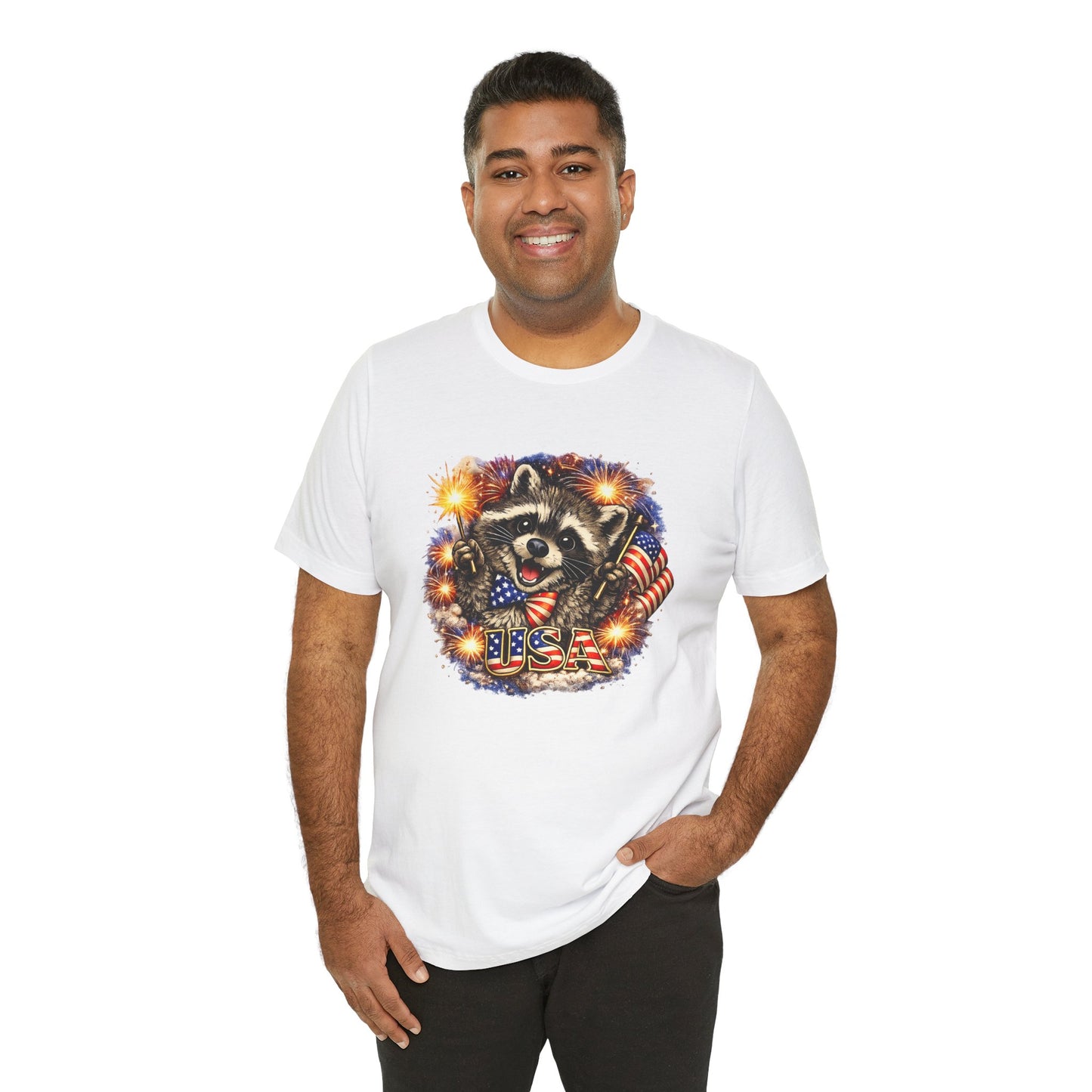 Patriot Raccoon 250th Anniversary T-Shirt — 4th of July Fireworks Flag Tee